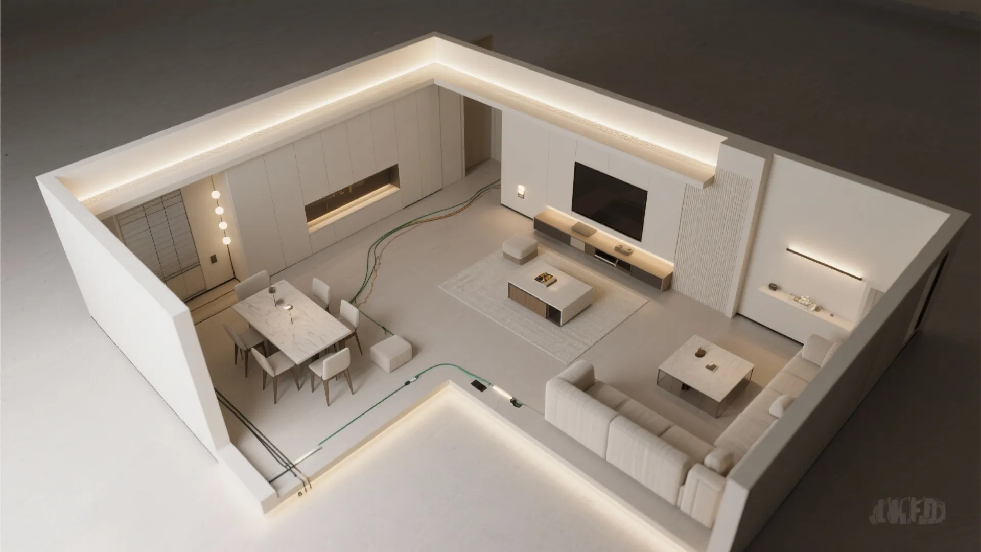 Top down interior design drawing showing living room layout with ceiling light strips and furniture