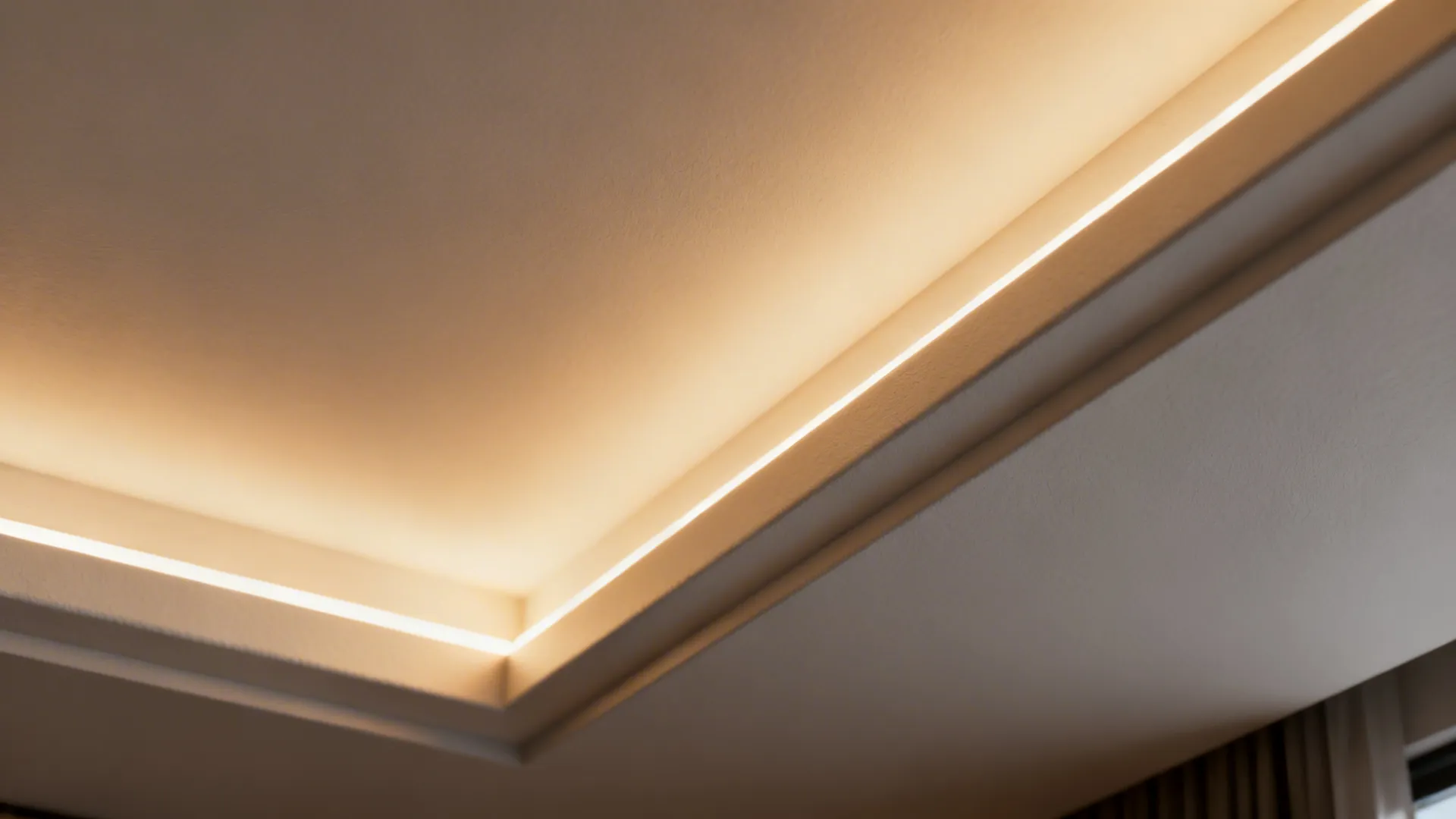 Recessed cove LED strip creating a soft, elevated glow along a ceiling soffit.