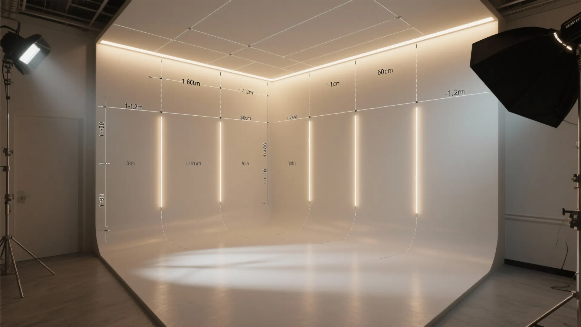 Top-down plan showing recessed light spacing and perimeter cove lighting in a small studio.