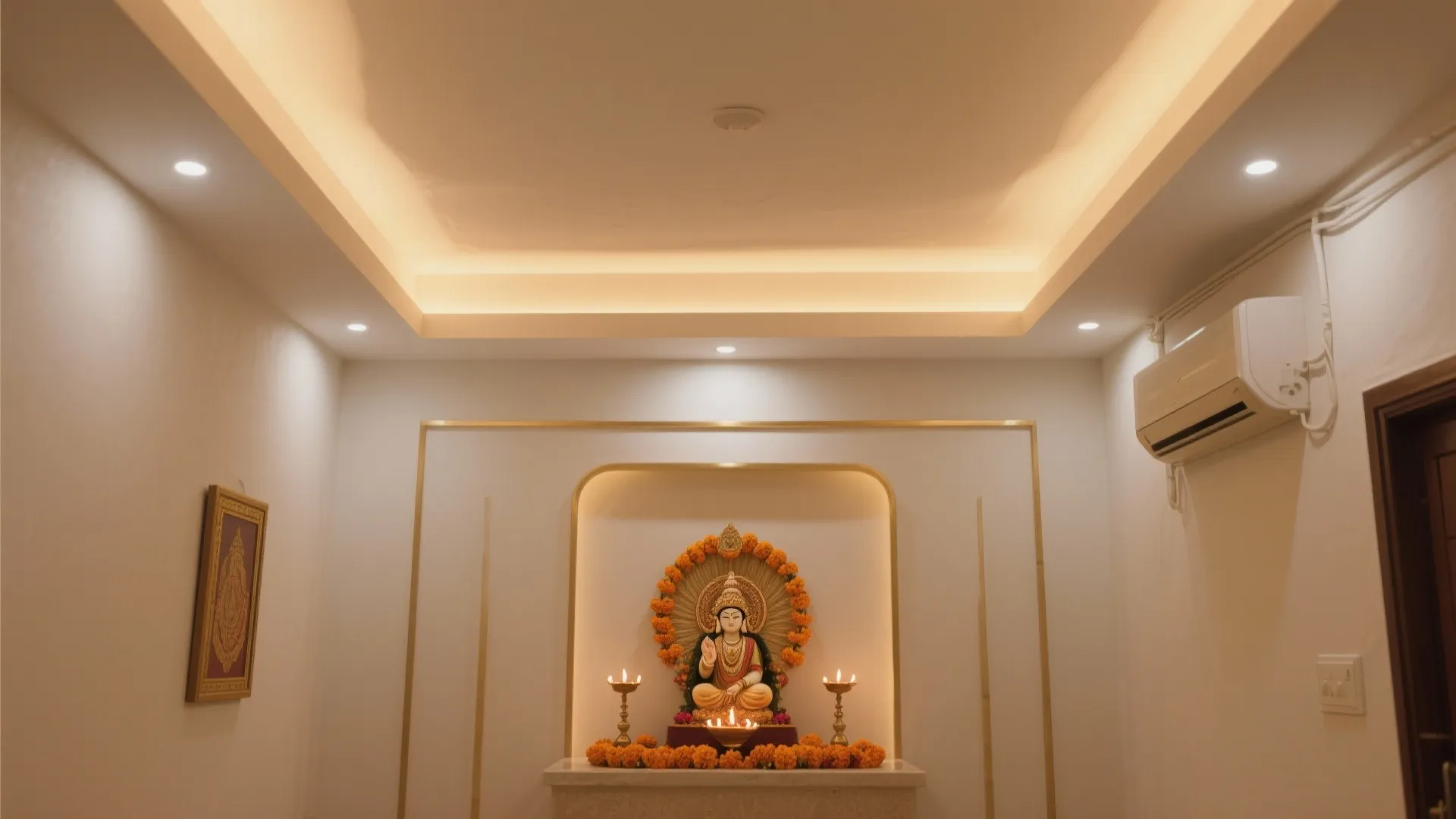 Compact pooja room with shallow stepped ceiling and warm cove lighting over the altar.