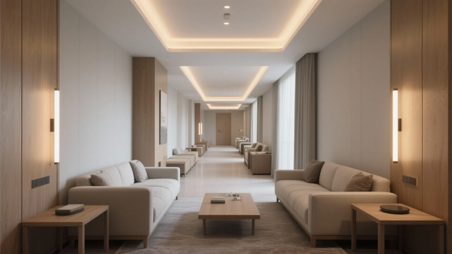 Long narrow hallway with several beige sofas wooden coffee tables and warm recessed ceiling lights