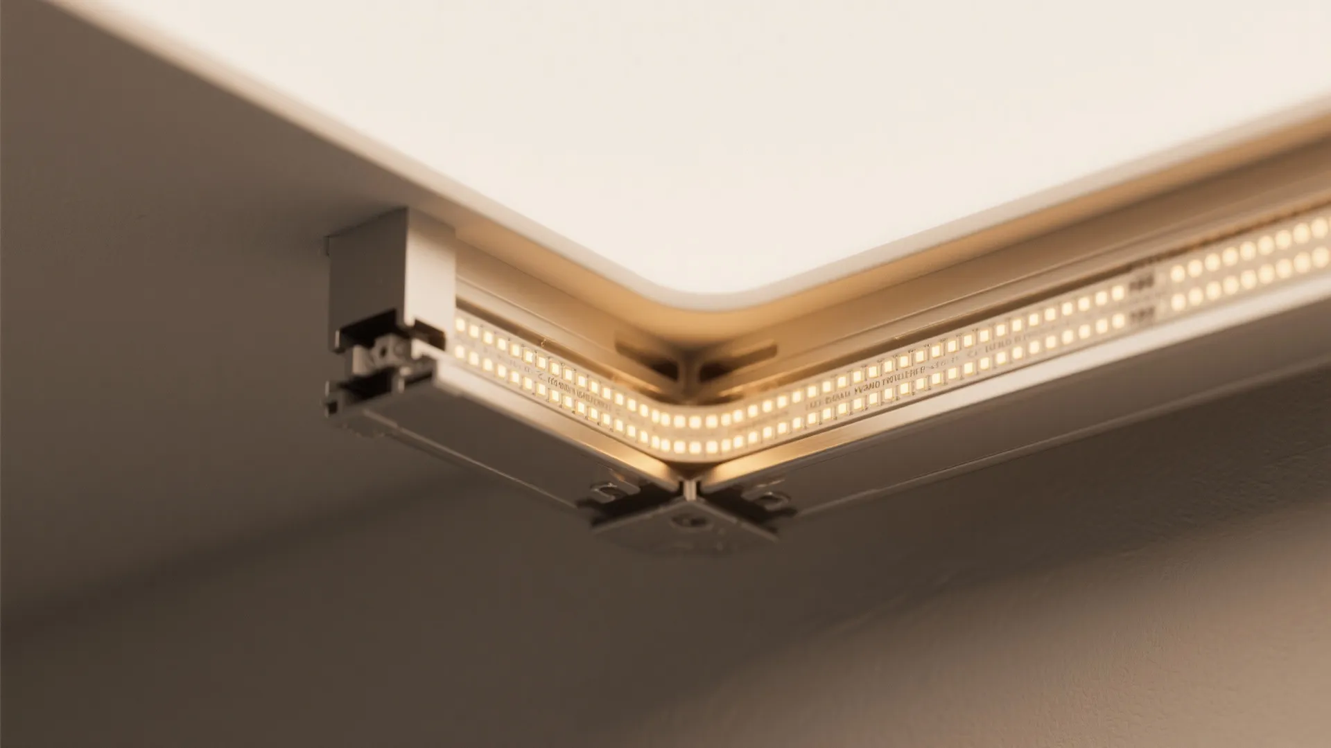 Macro of high-density LED strip under opal diffuser in an aluminum cove with sealed endcaps and warm continuous glow.