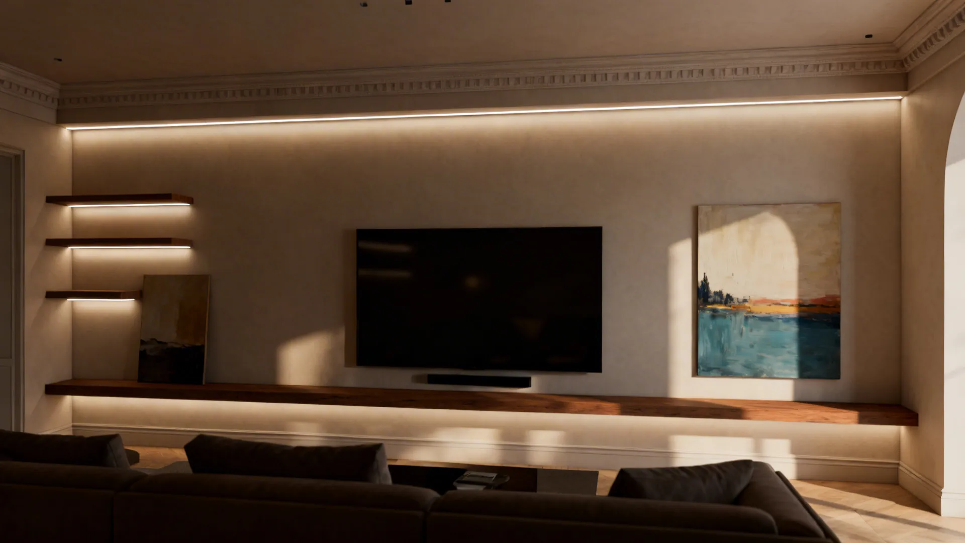 Living room with concealed cove LED strips behind crown molding and TV, creating soft indirect glow.