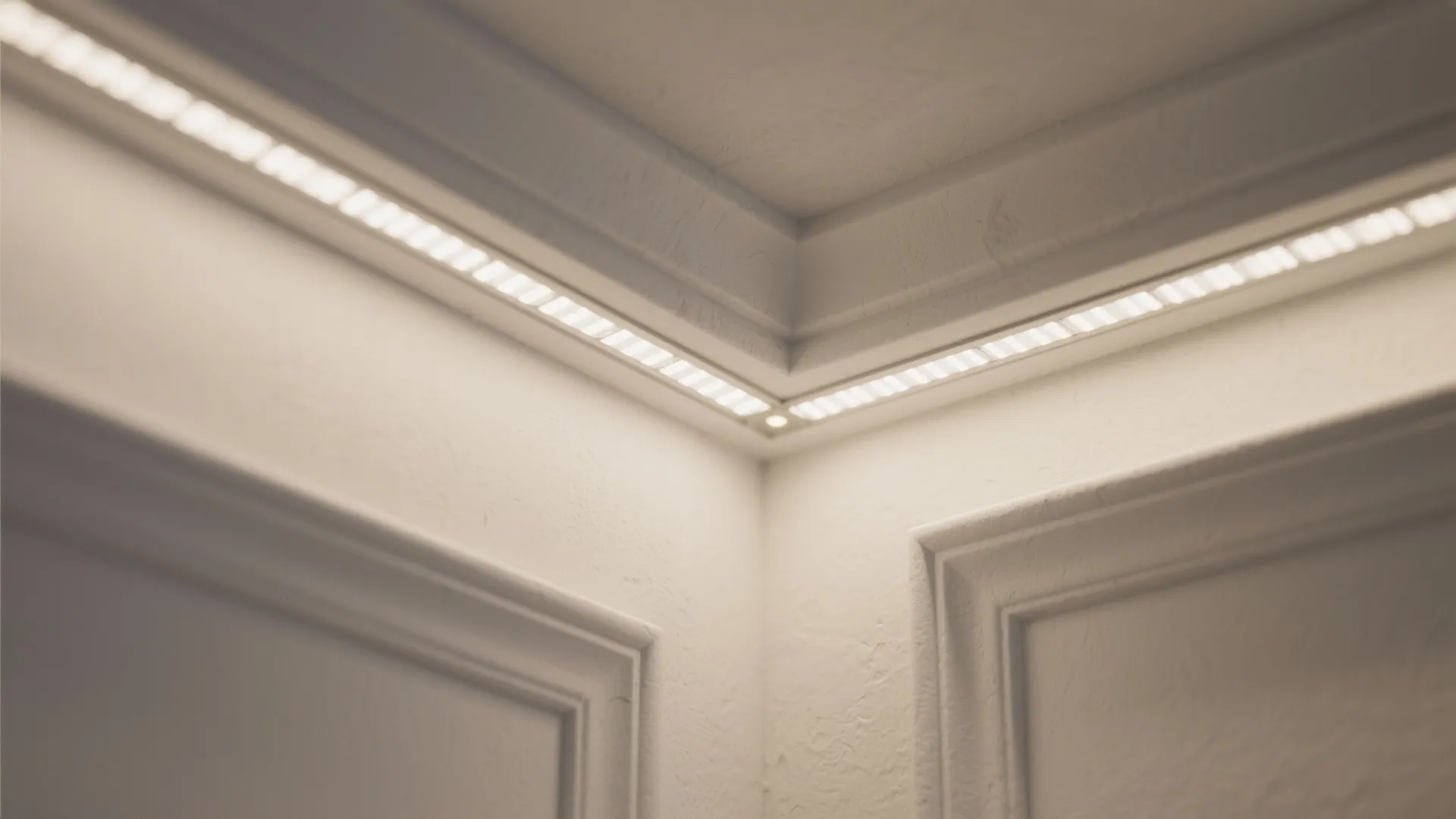 Close up of white wall corner with bright light strip and decorative classic white wall panels