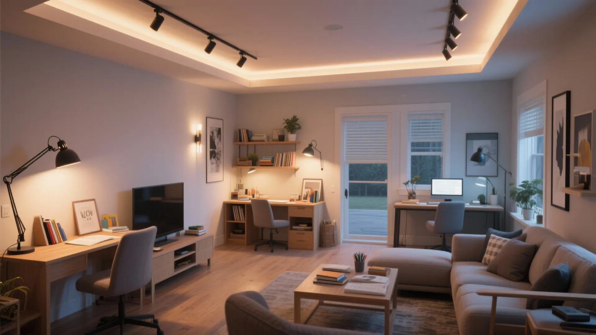 Multi-use family room combining cove ambient lighting with adjustable track and wall task lights over a homework area.