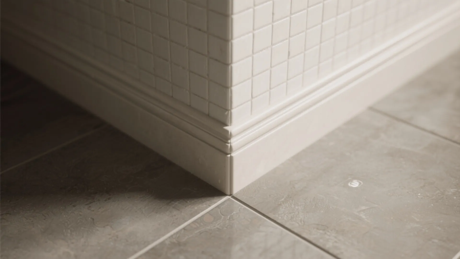 White square wall tiles with matching curved baseboard finishing at a dark grey tiled floor corner