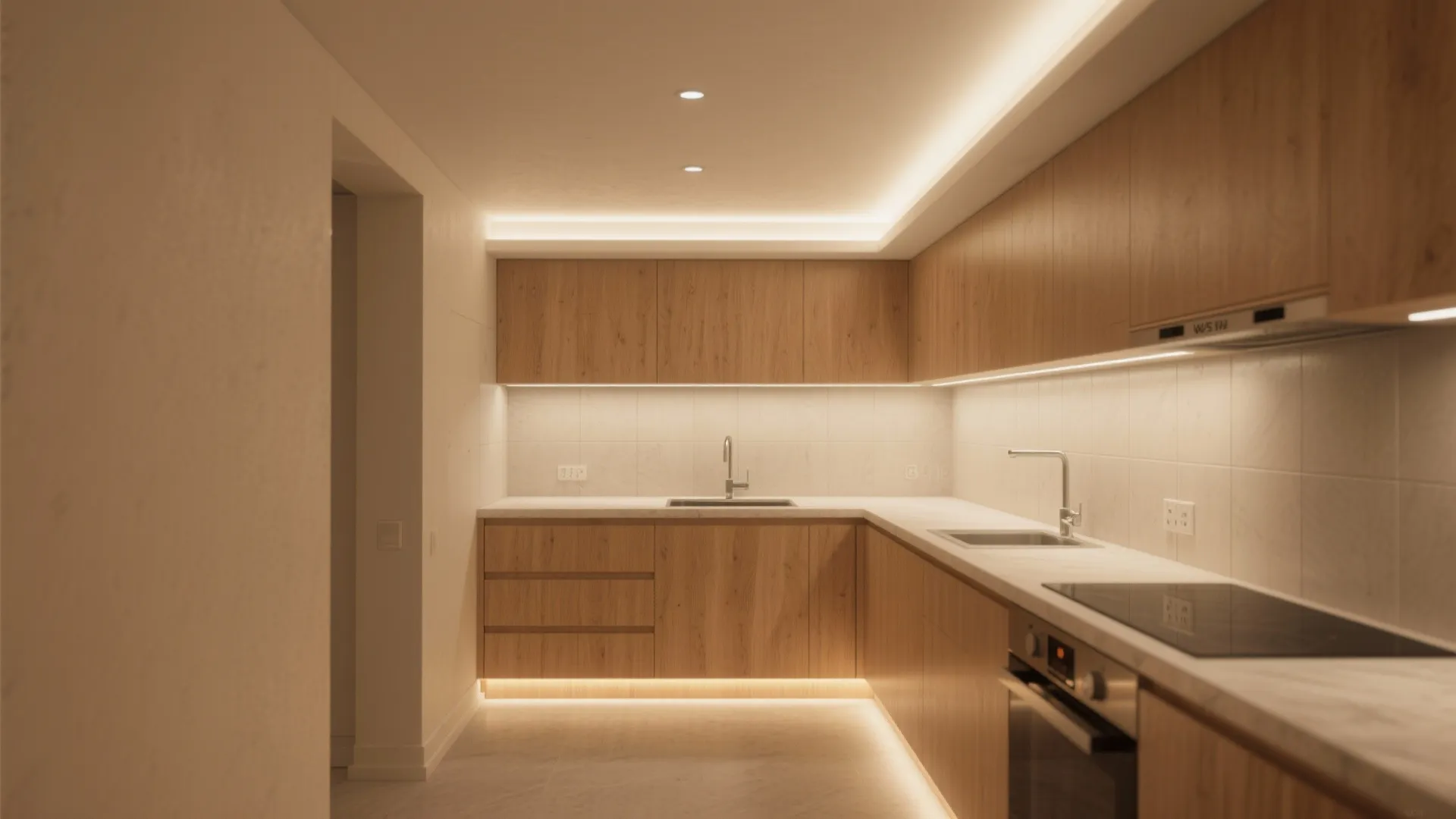 1) Soft Perimeter Glow with Cove + Toe-Kick LEDs