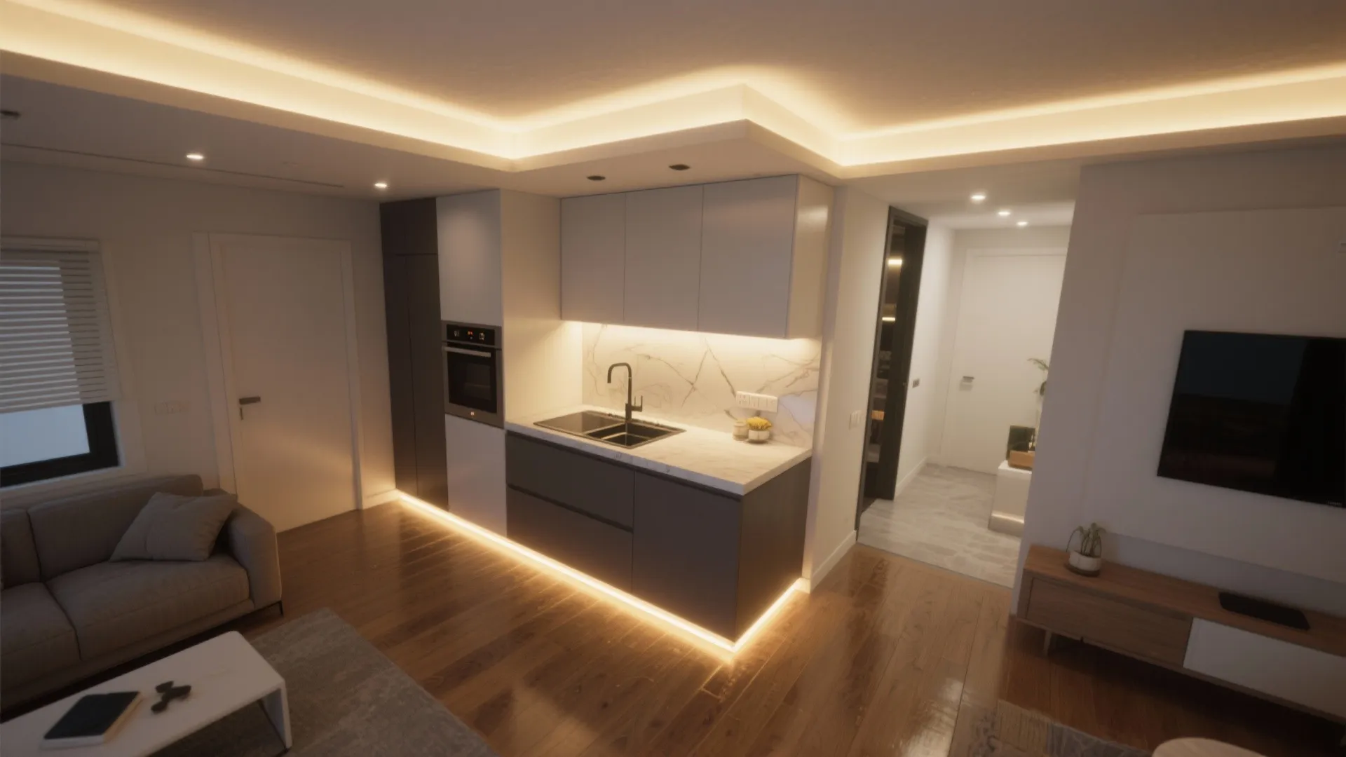 Top-down layout showing concealed cove and toe-kick LED strips with frosted diffusers in a small kitchen-living plan.