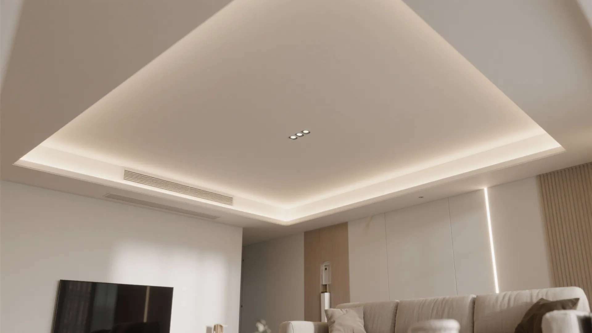 Modern living room featuring a recessed ceiling with hidden light strips and a grey sofa