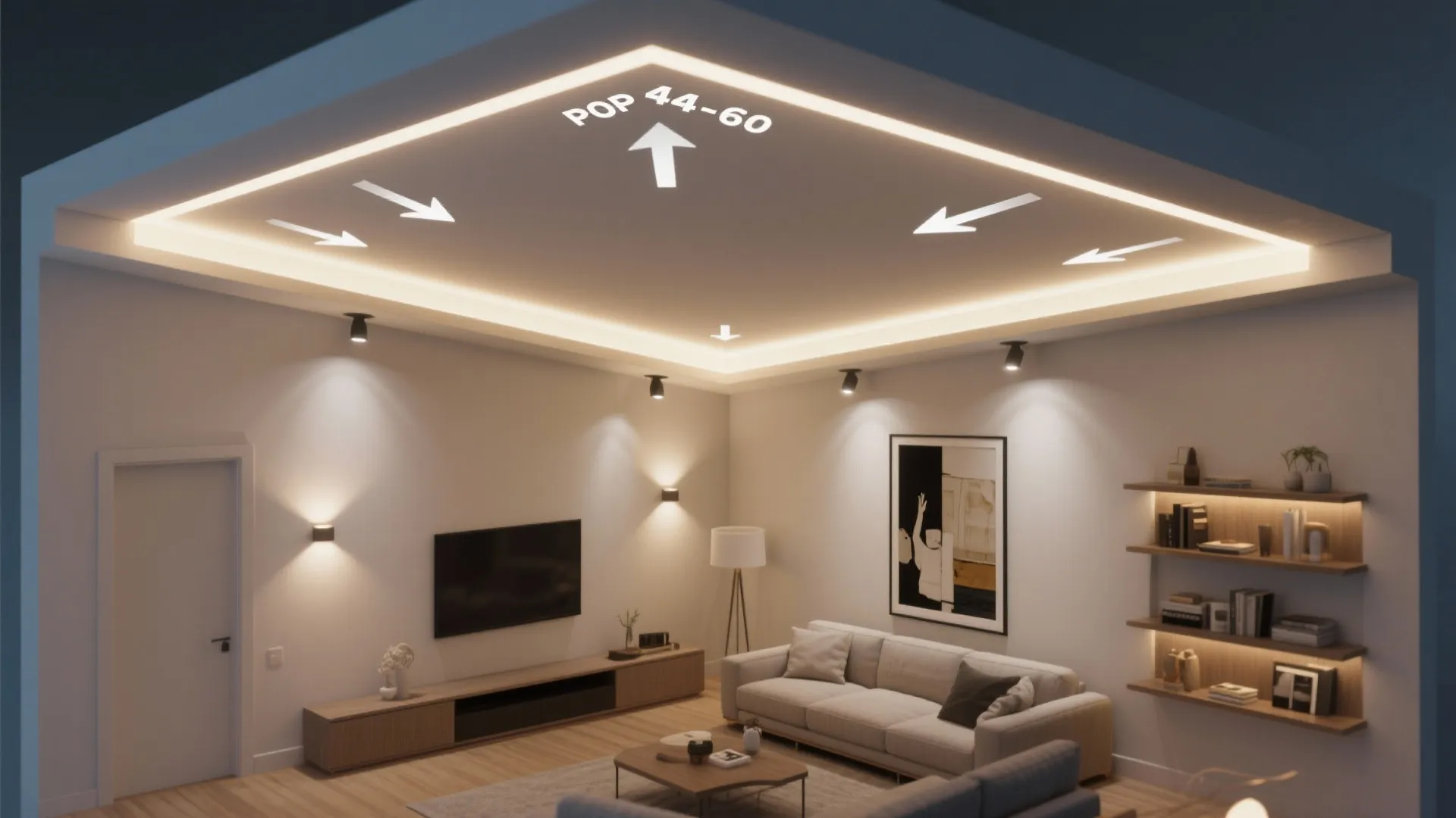 Modern living room featuring a recessed ceiling with hidden light strips and warm wall lights