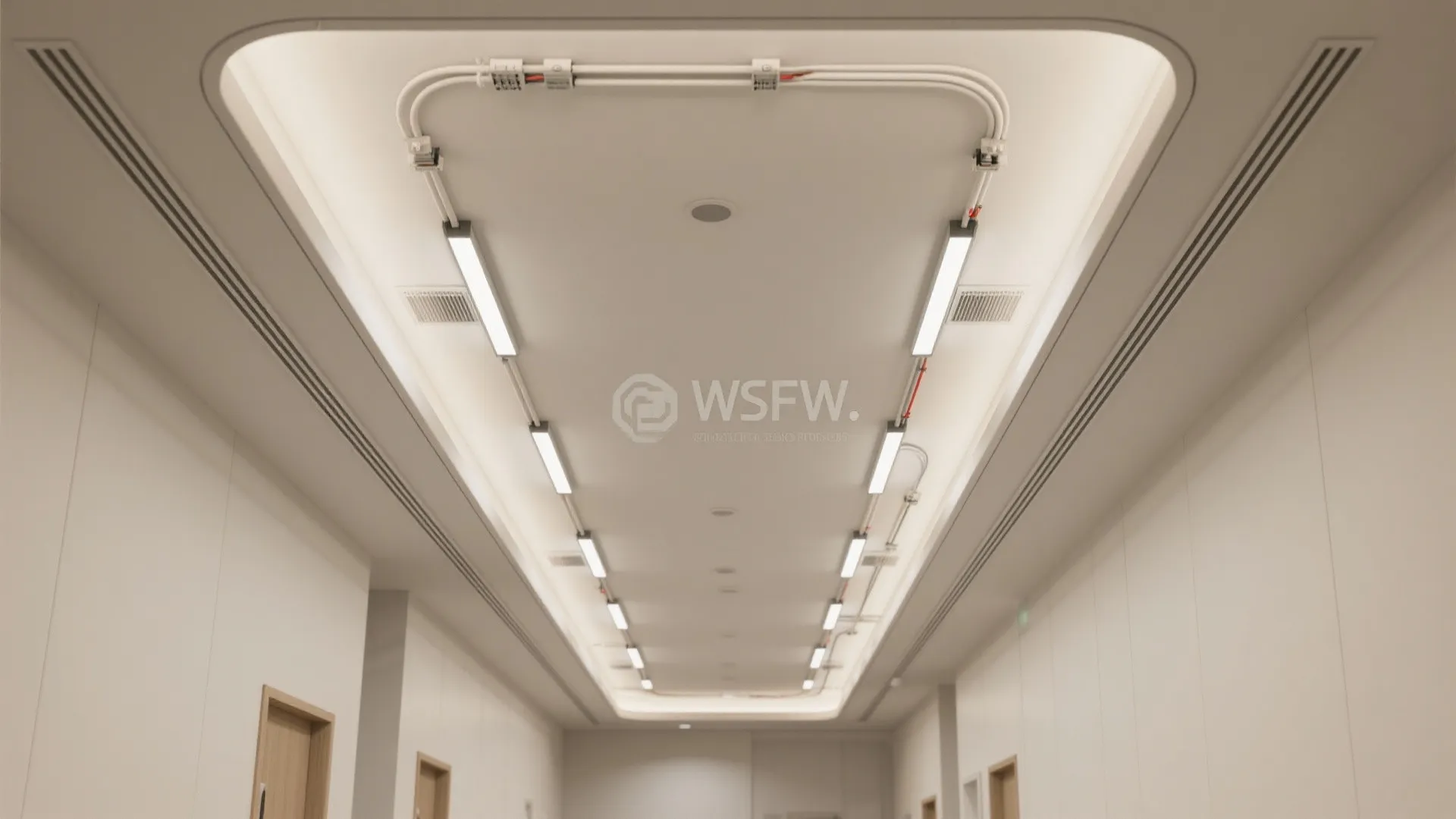 Modern white hallway ceiling featuring a rectangular light fixture and industrial style pipes and wiring