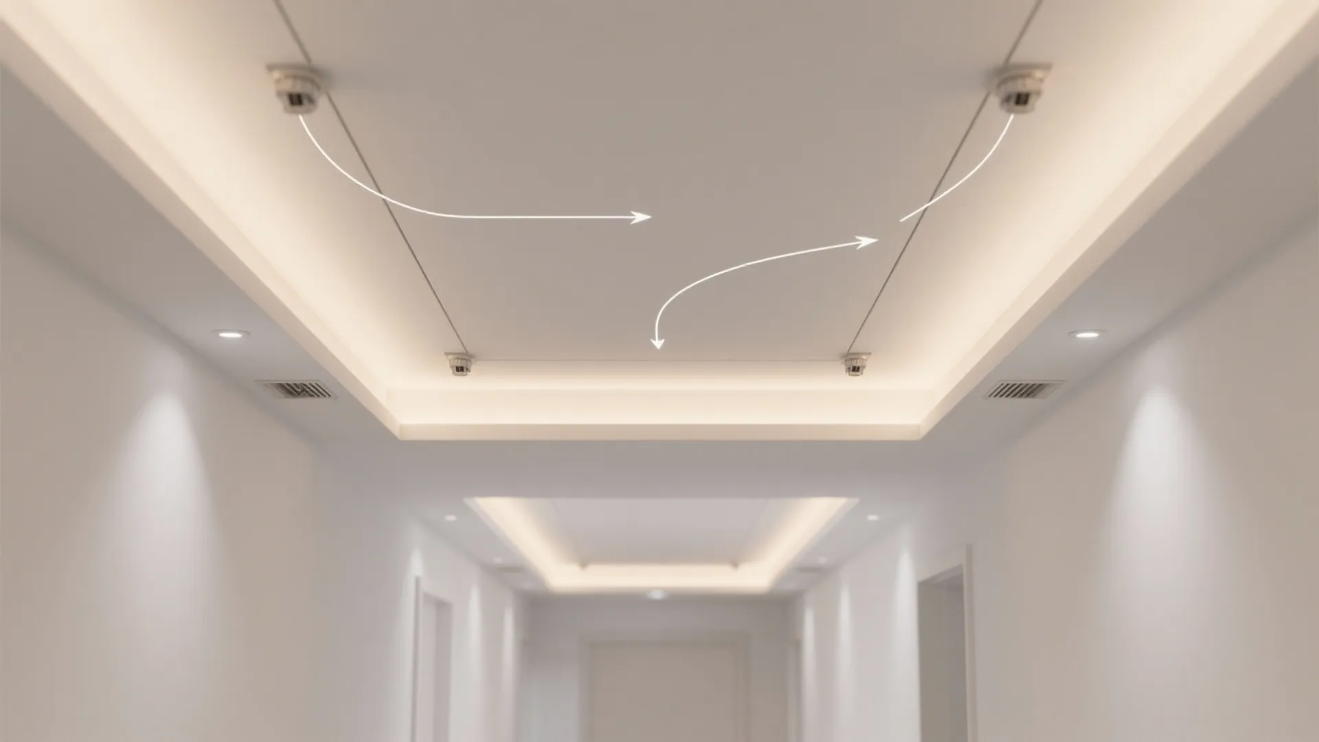 Modern ceiling design with white arrows showing the layout of light fixtures in a hallway