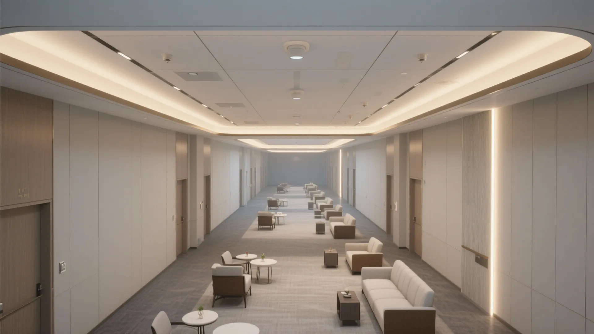 Long building hallway with many sofas small coffee tables warm ceiling light and white wall panels