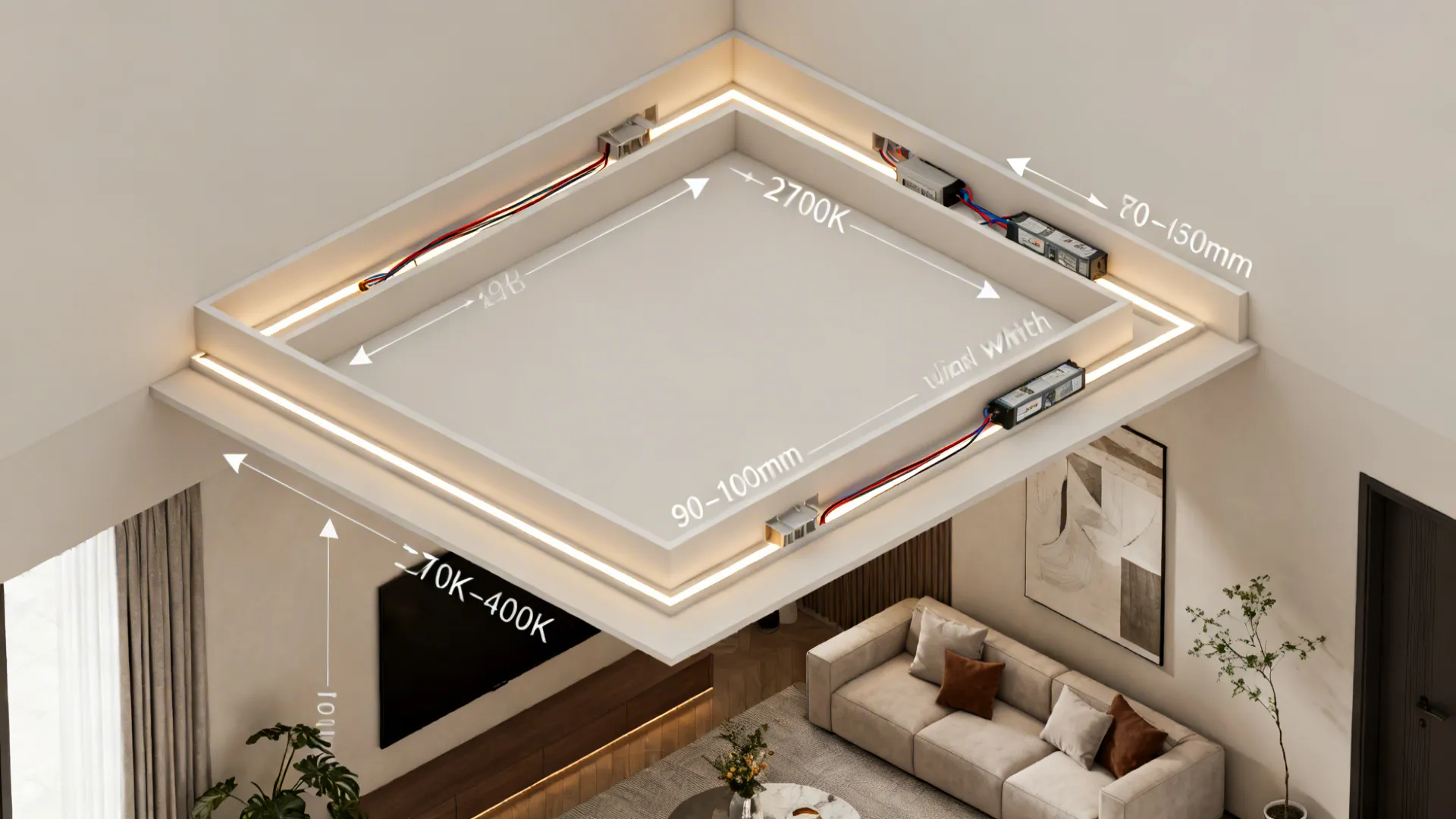 Top-down view of a tray ceiling with concealed cove lighting and even perimeter wash.