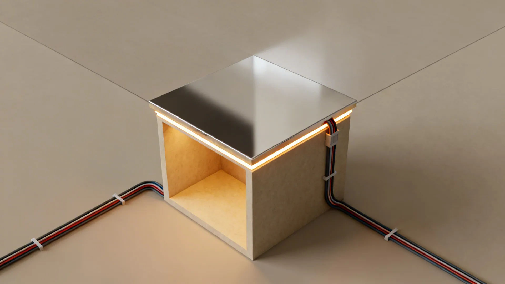 Top-down view showing cove recess depth and LED strip placement for a pooja niche.