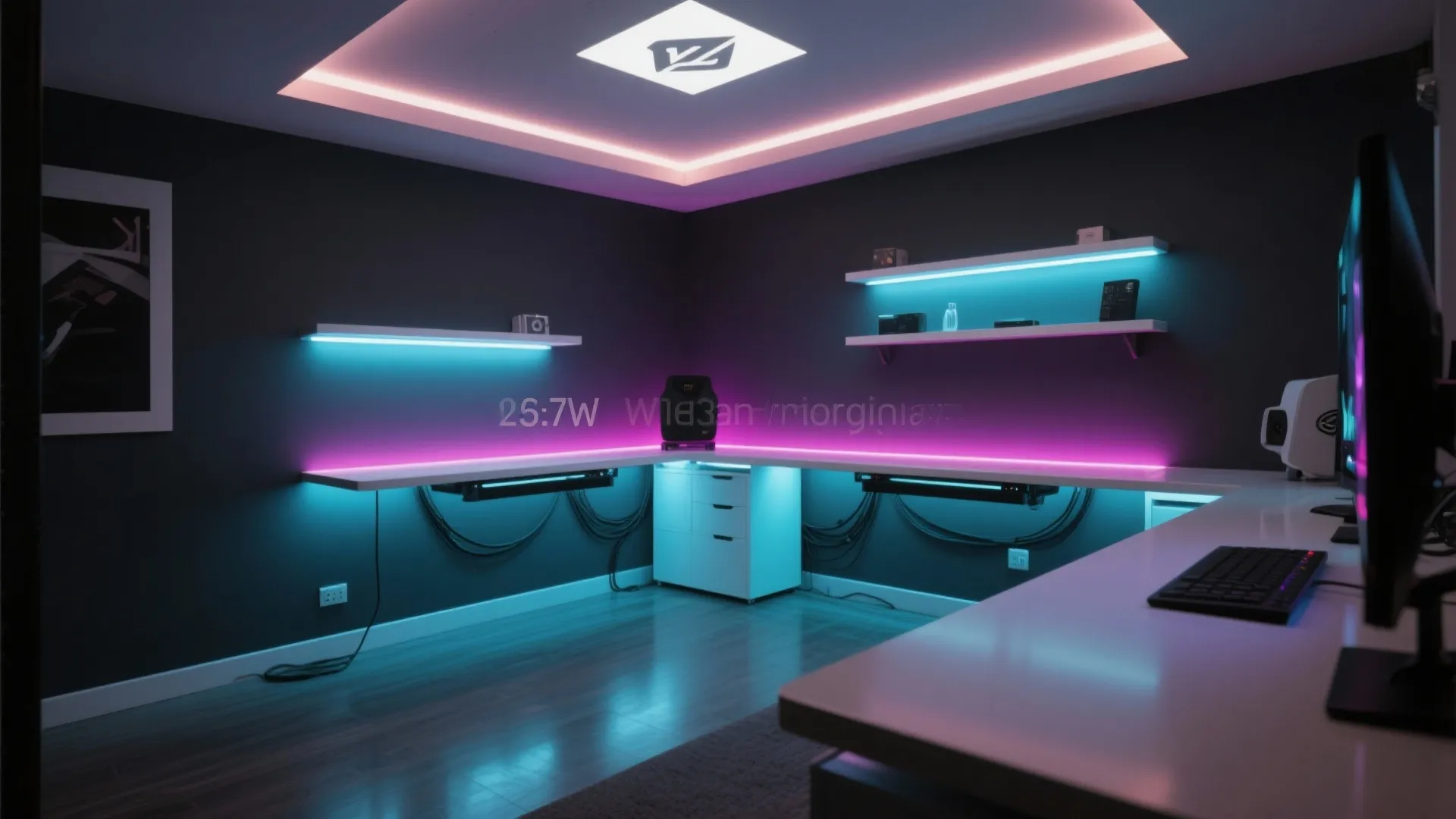 L-shaped white desk with pink and blue glow under shelves and dark walls room layout