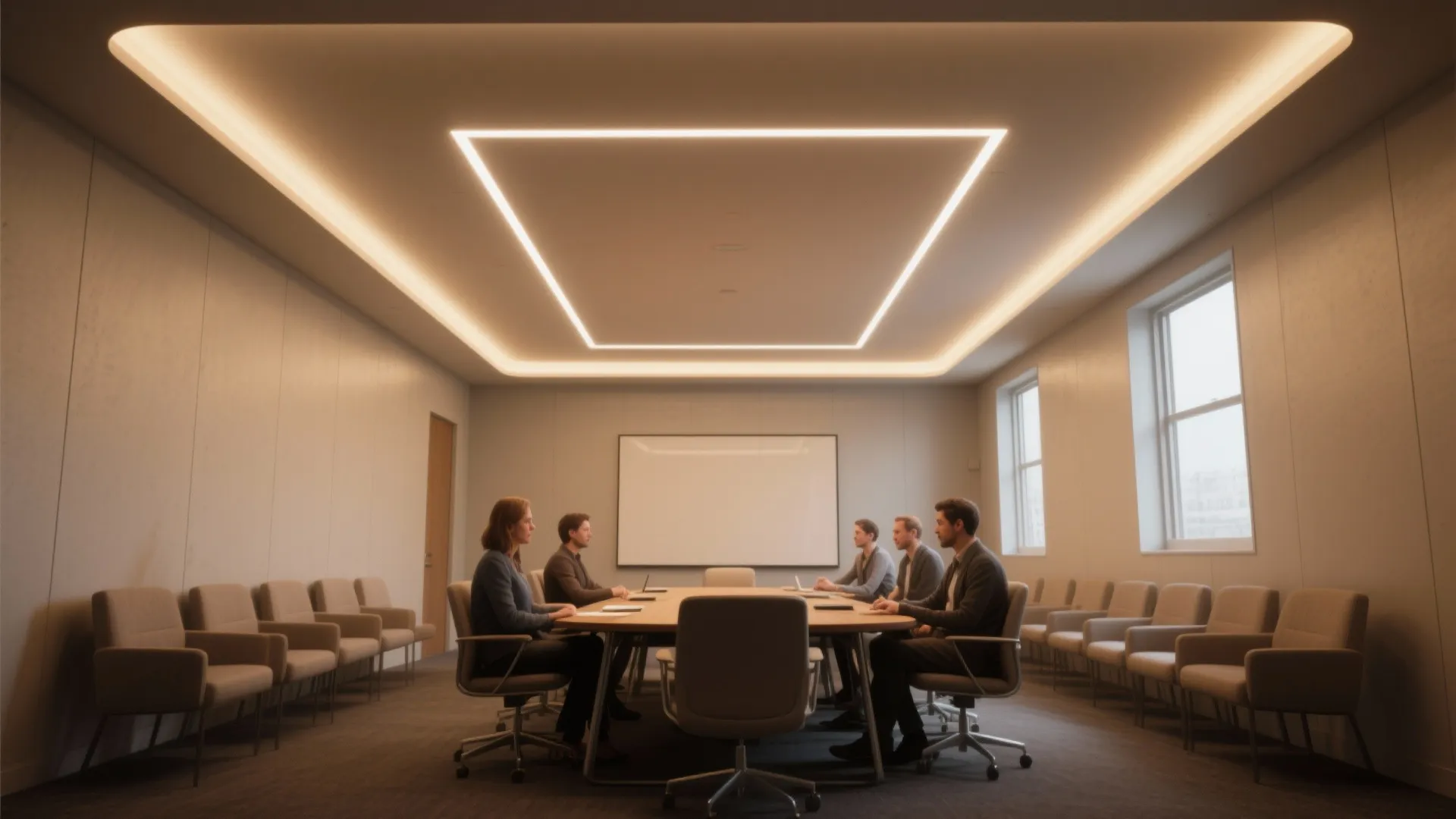 Windowless meeting room made taller and calmer with cove lighting and indirect uplighting.