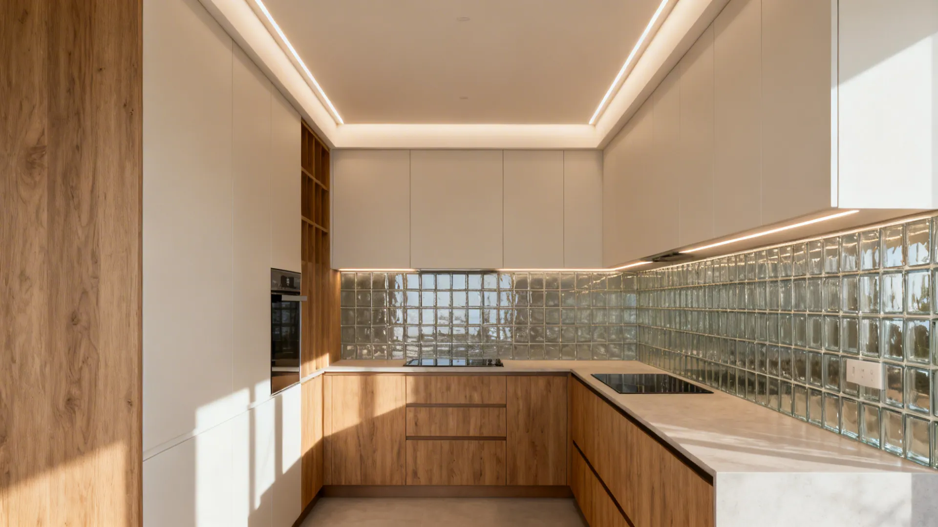 Small kitchen with shallow cove and wall-wash lighting brightening verticals and reflecting off semi-gloss surfaces.