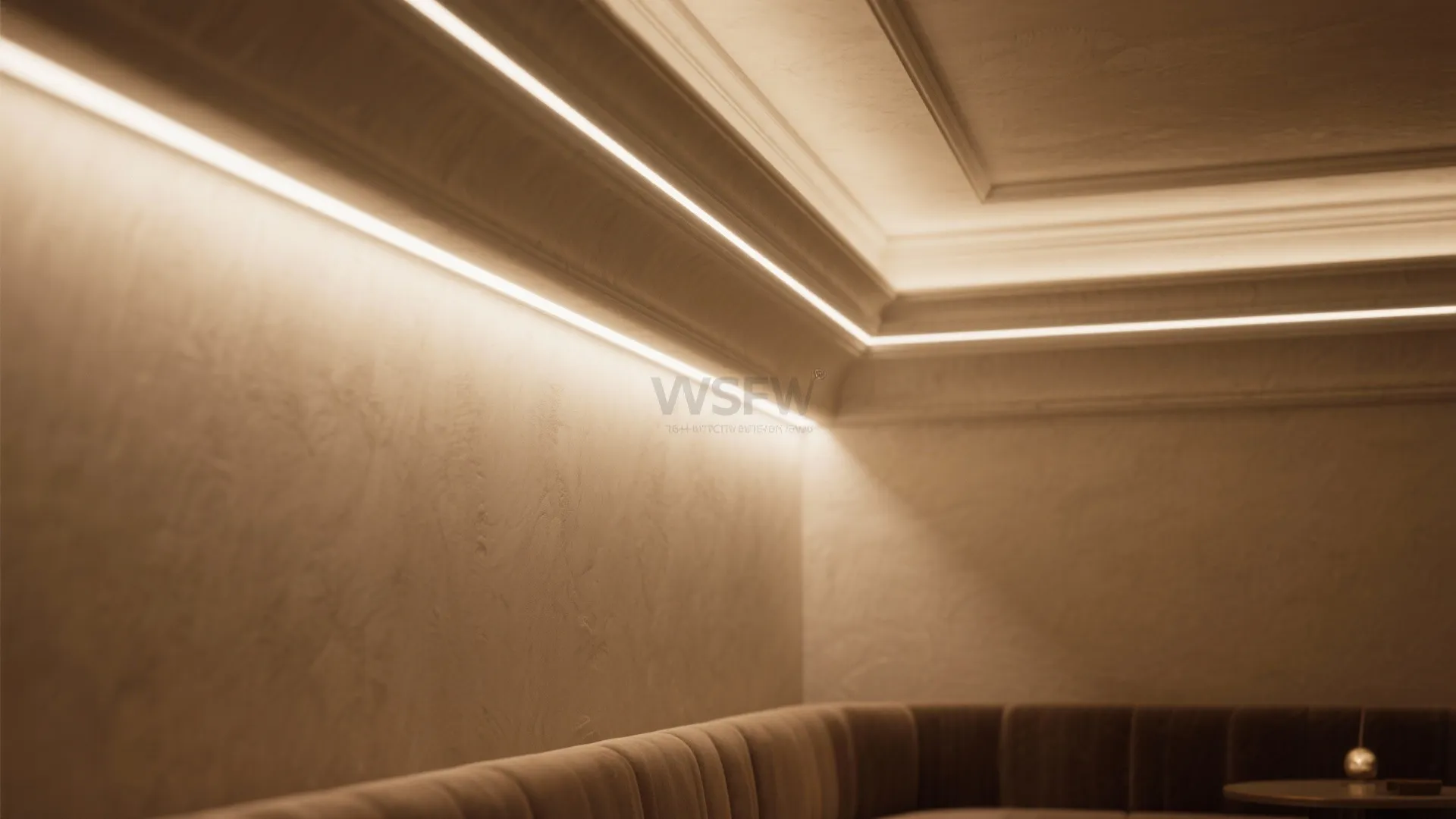 Interior room corner with warm hidden light strips along the ceiling edge and textured wall
