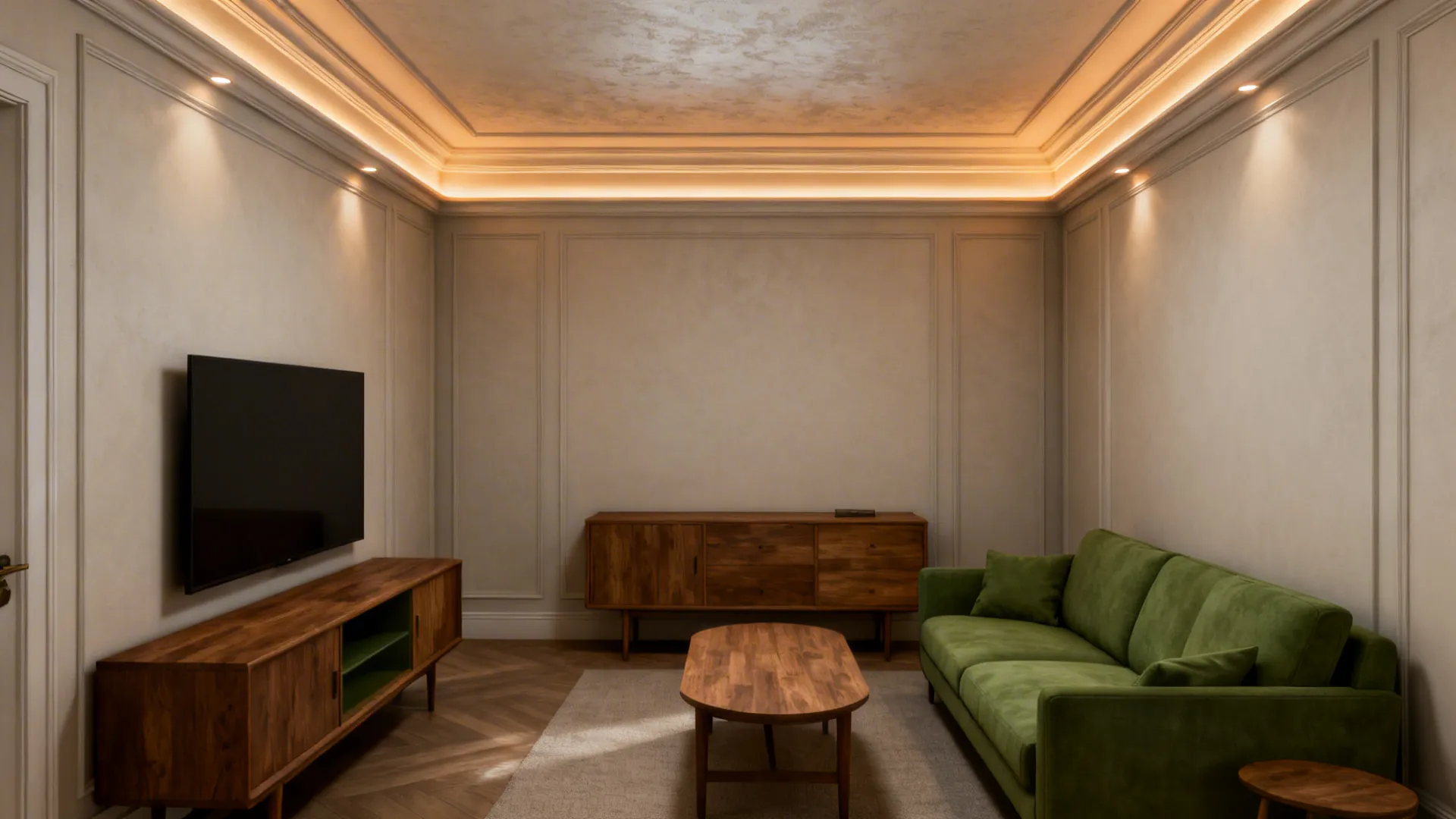 Living room with shallow recessed wall-washers creating a cove effect that visually raises the ceiling.