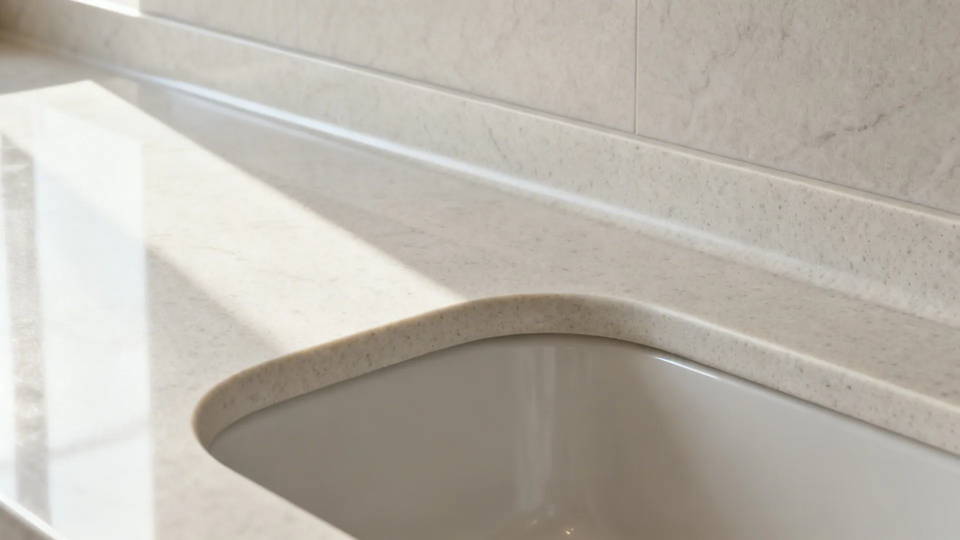 Close-up of a seamless coved fillet joining countertop and backsplash.