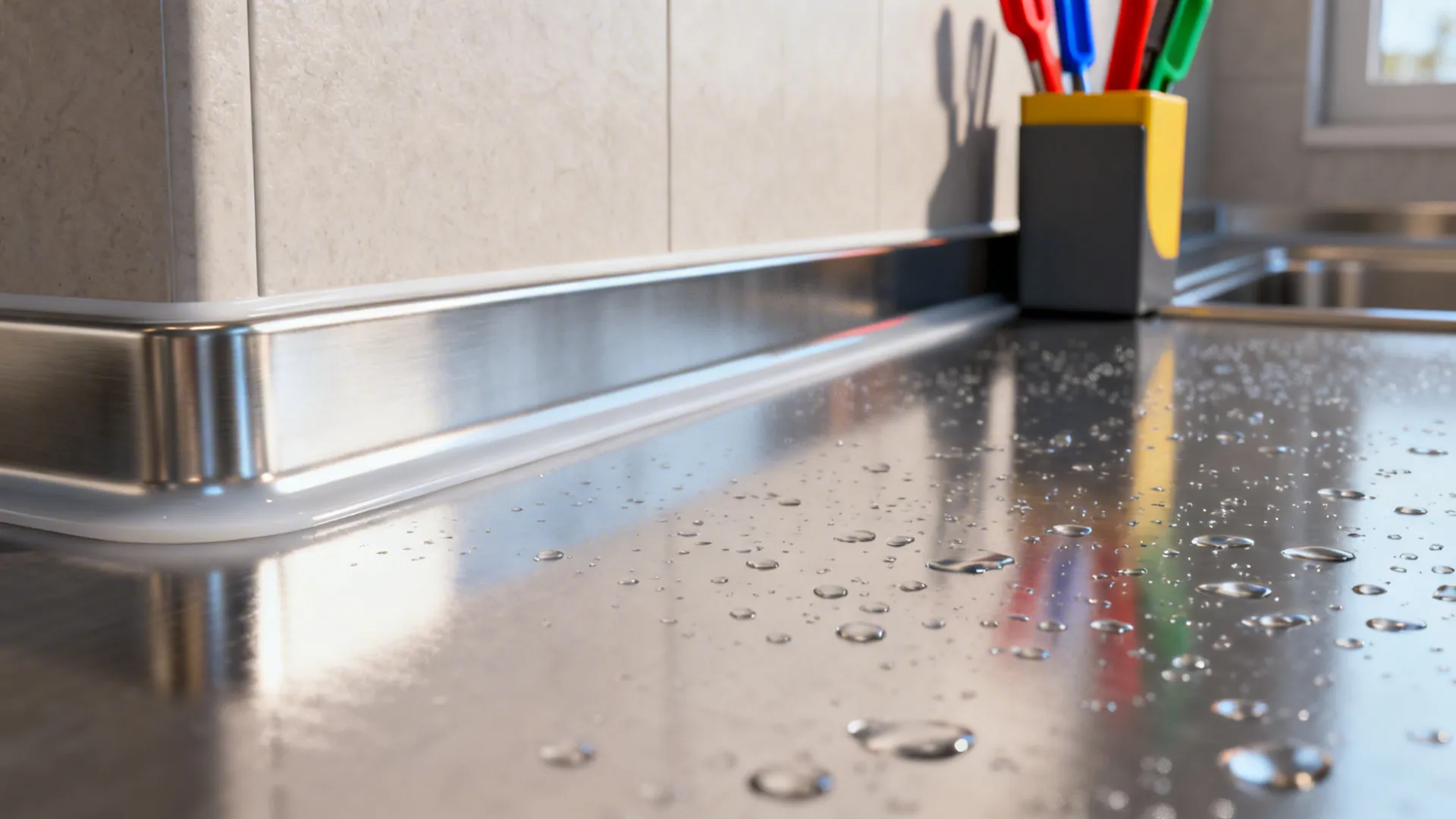 Close-up of seamless coved flooring meeting the wall beside a stainless kick plate.