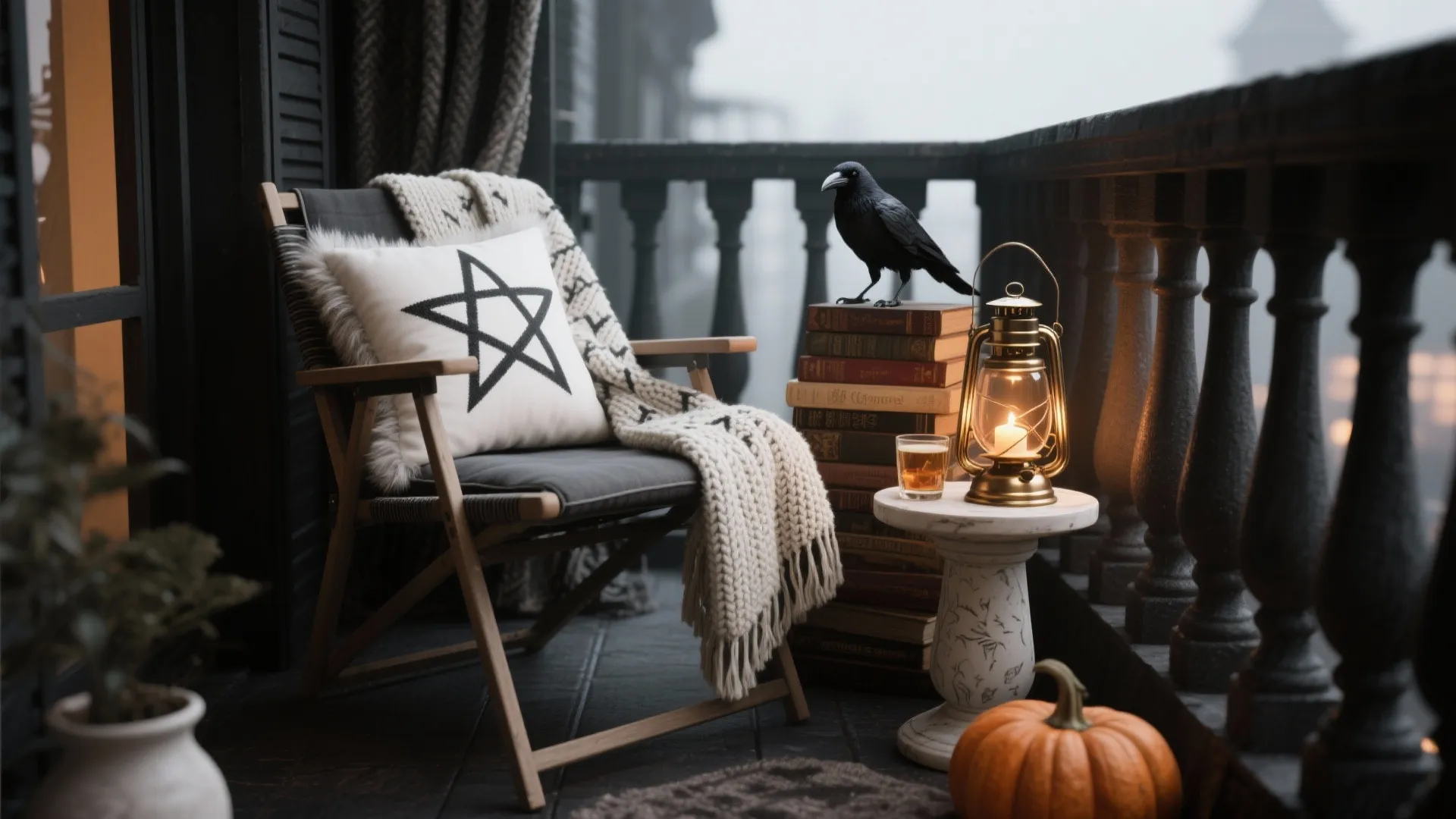Dark balcony seating area with wooden chair star pillow black bird books lantern and pumpkin