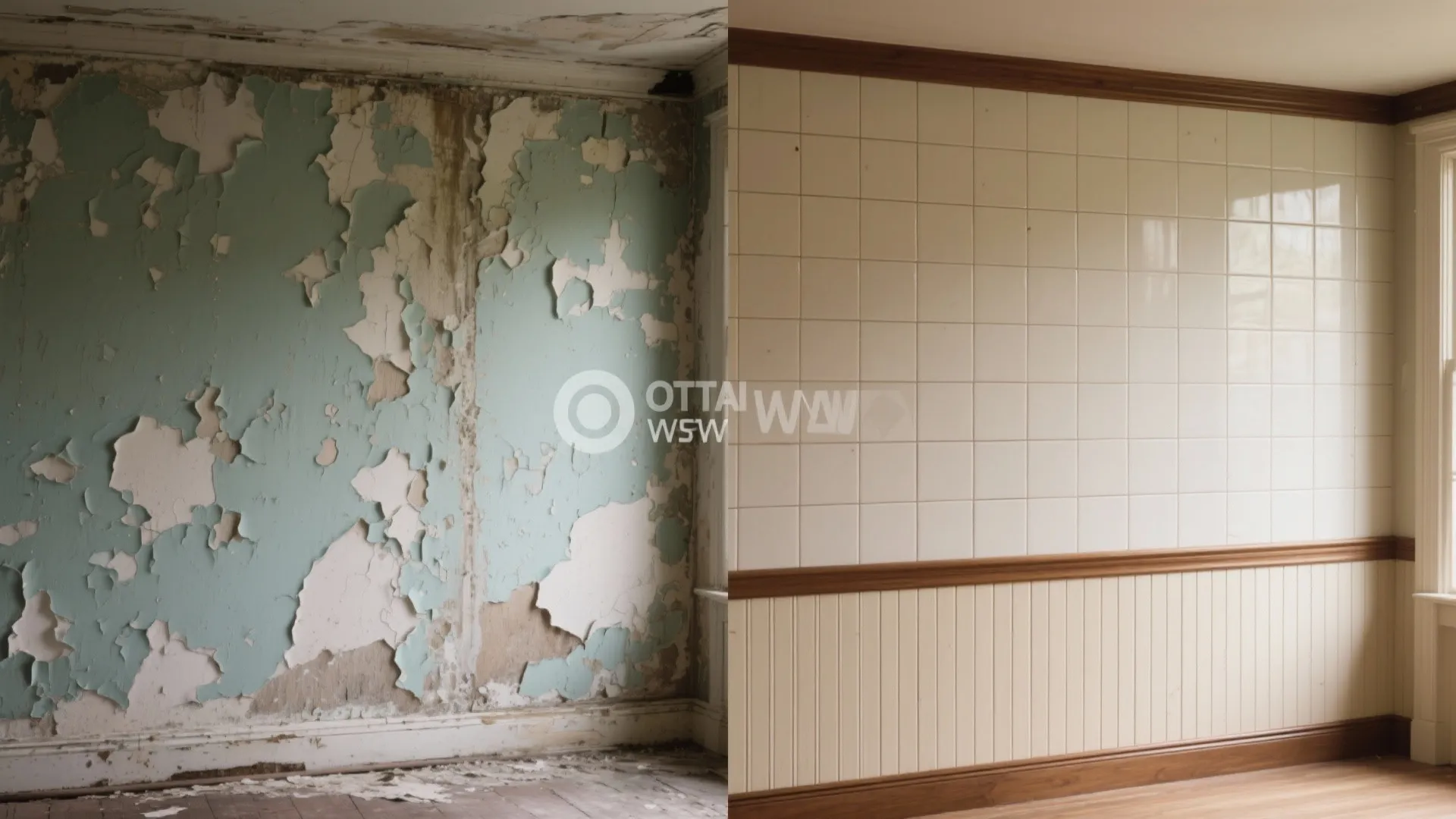 Before-and-after comparison of a peeling green wall versus a clean white tiled wall panel design