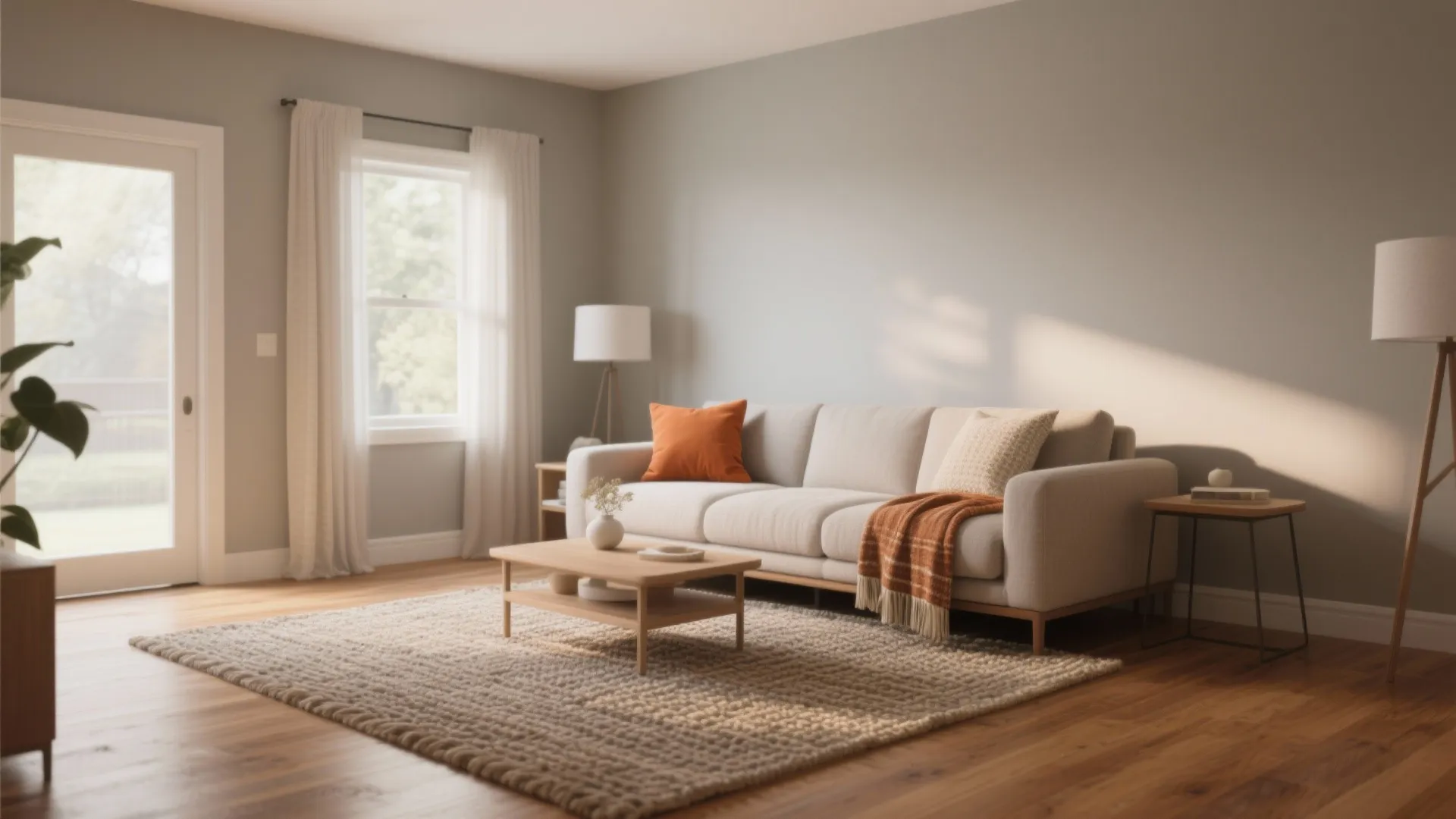 Modern living room with beige sofa orange pillows wooden coffee table large rug and floor light
