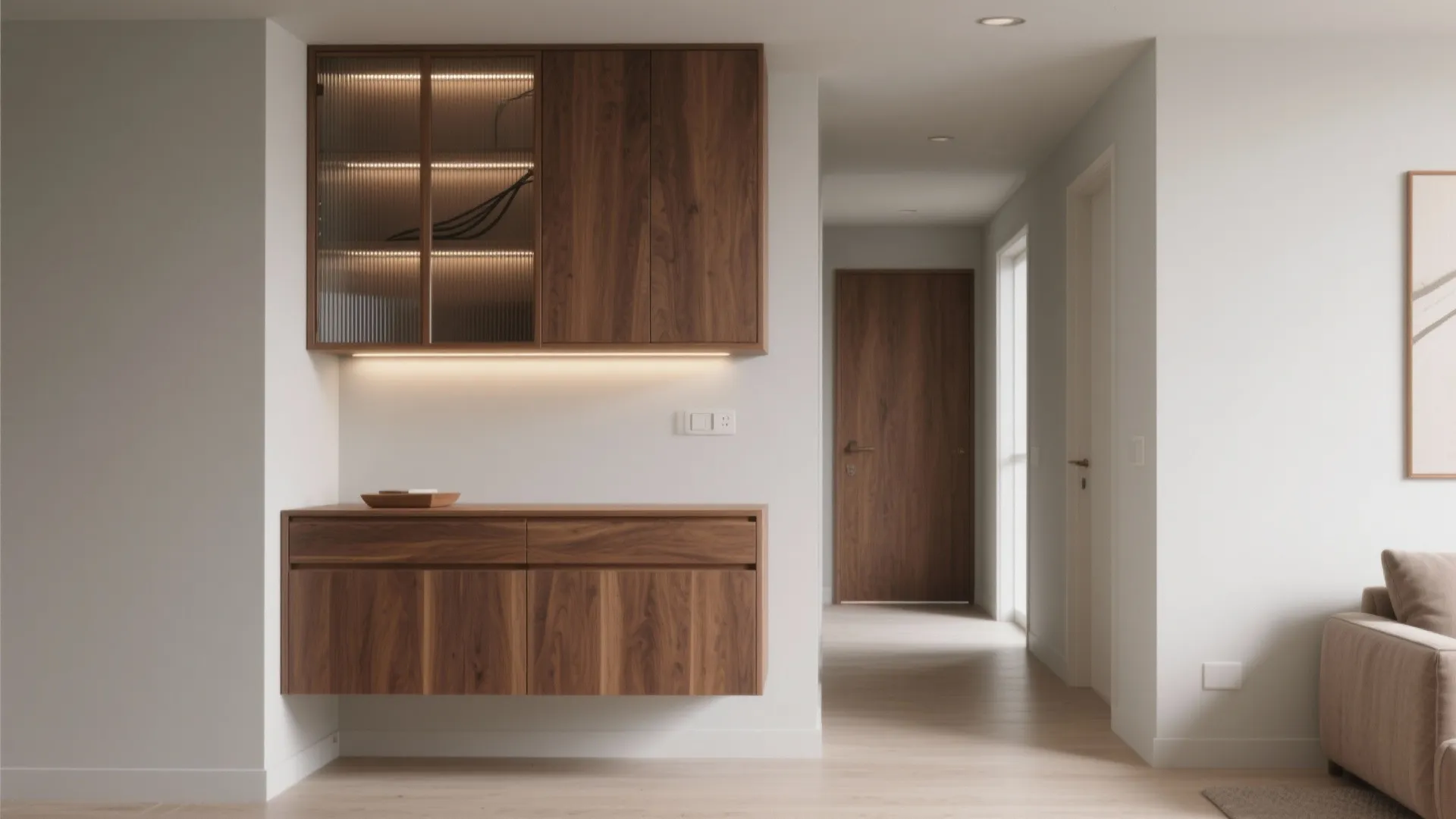 Floating wooden cabinet with lights on white wall next to hallway leading to wooden door