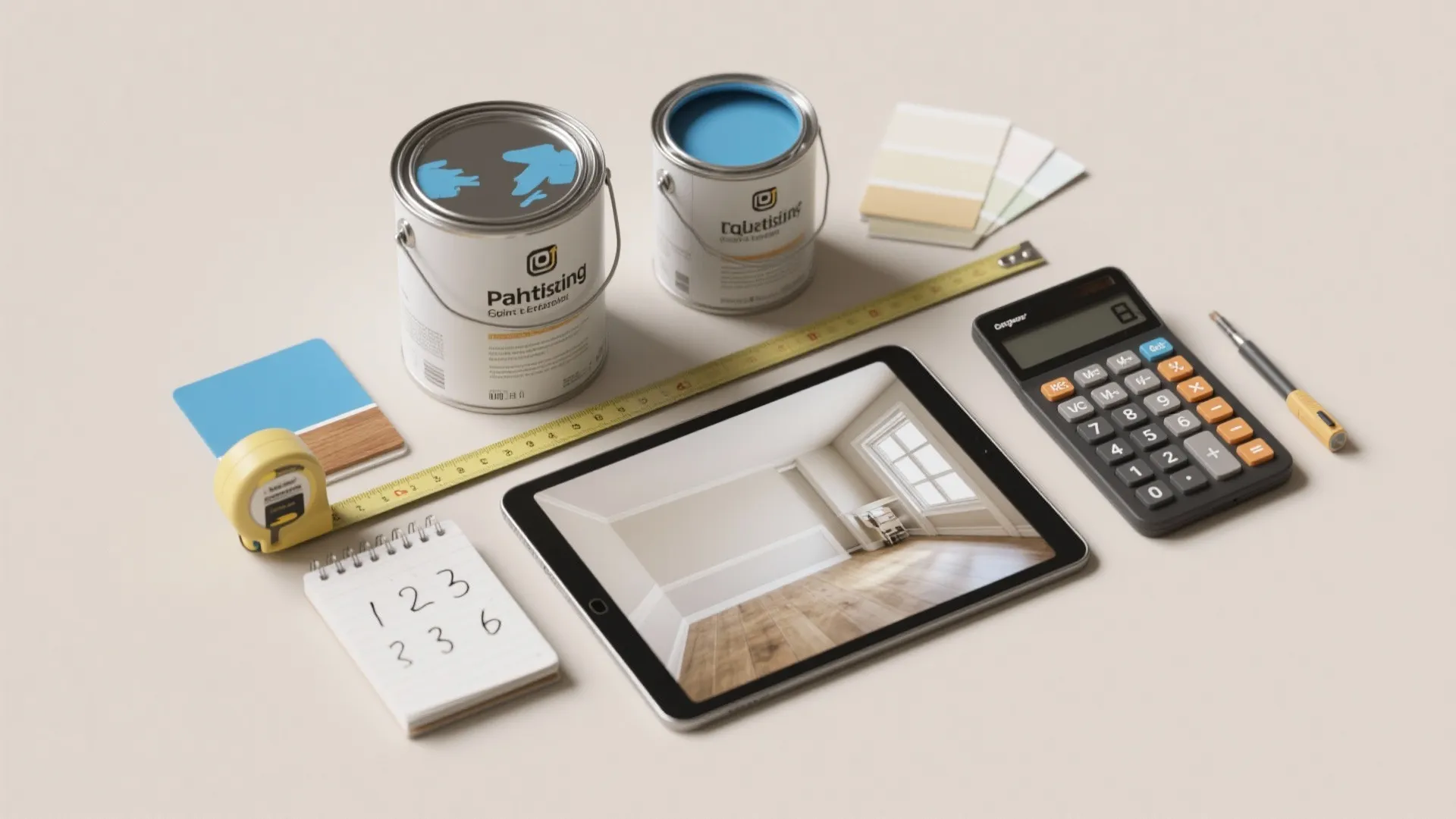 Blue paint cans with calculator measuring tape and tablet displaying interior design drawing on desk