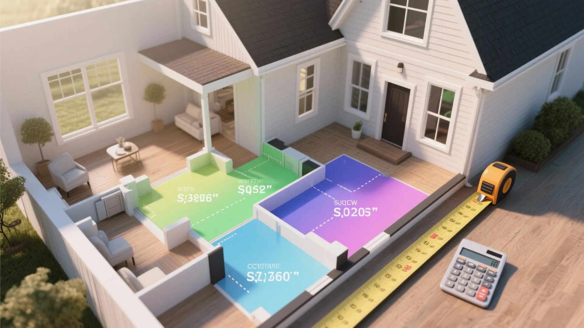 Interior design drawing with colorful floor plan area calculations plus a ruler and a calculator