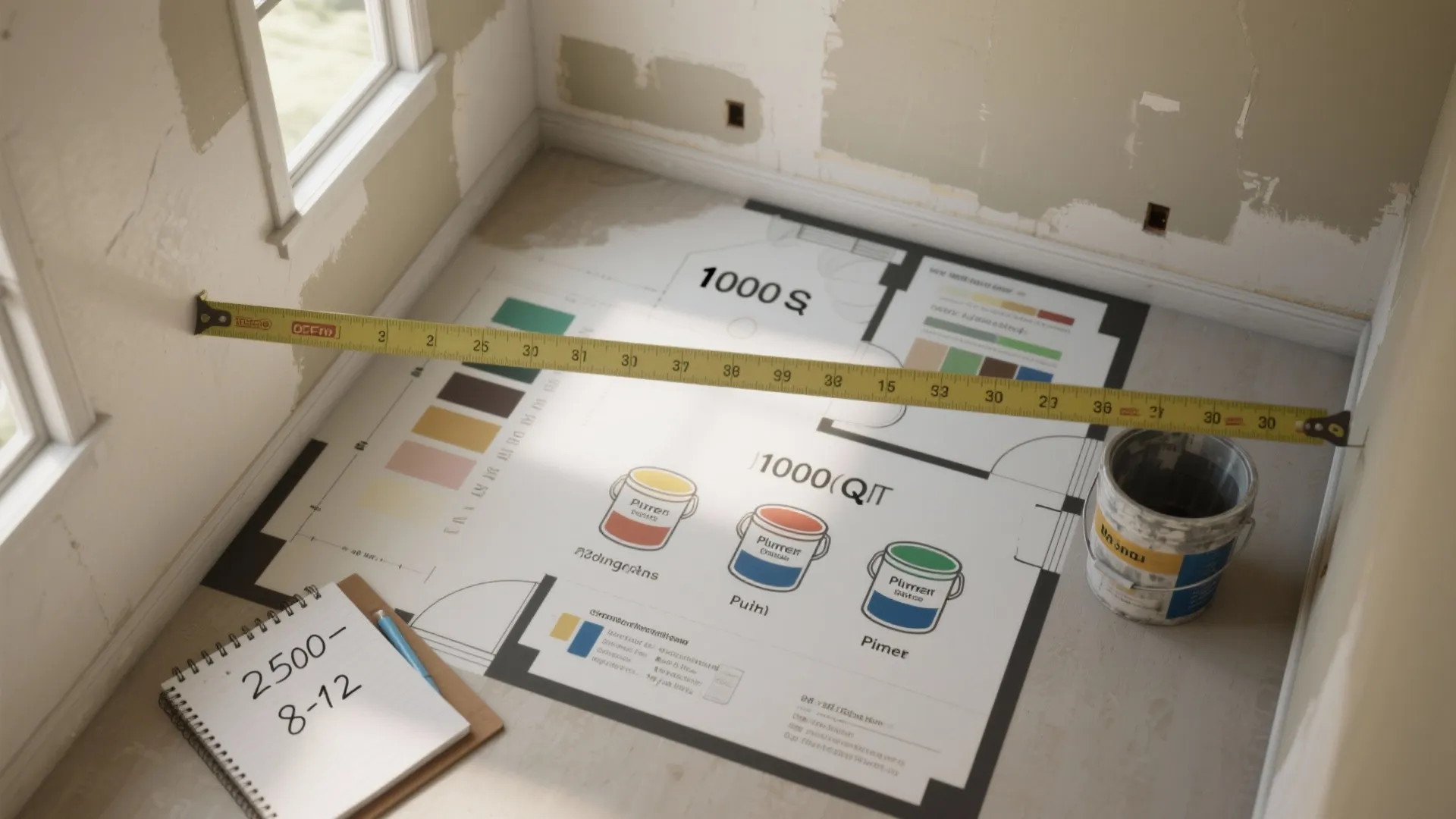 Floor plan drawing on the ground with measuring tape and notebook for home renovation planning