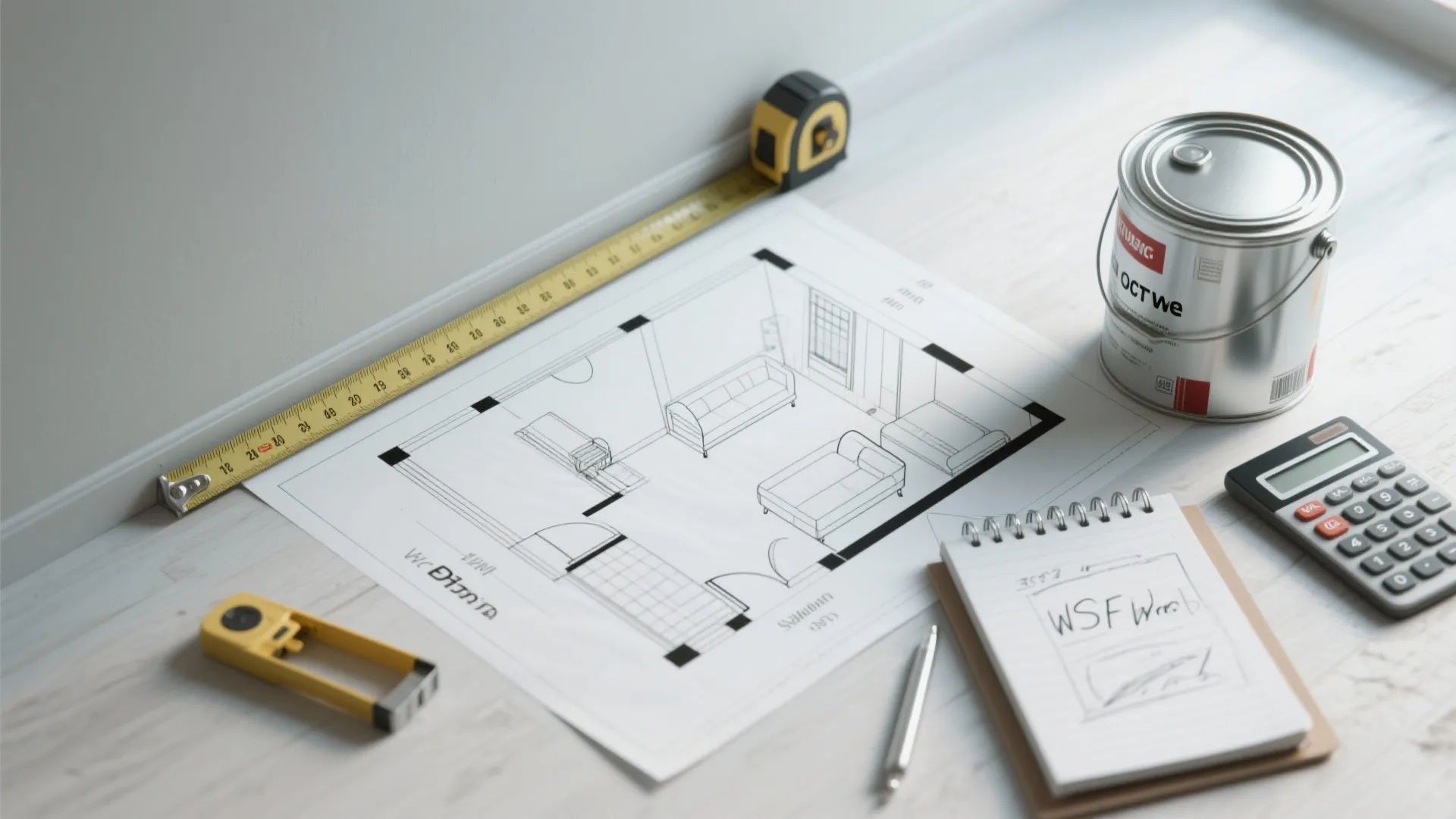 Floor plan drawing on a desk with a paint can measuring tape notebook and calculator