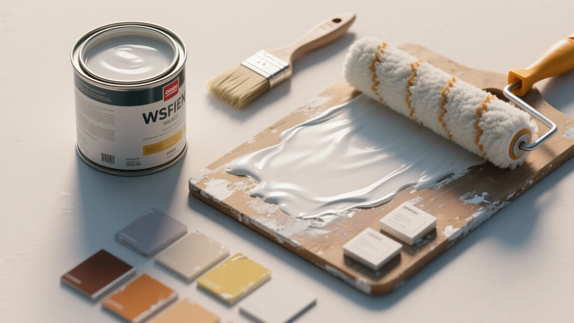 Paint can with roller brush and color tiles on a wooden board for home renovation