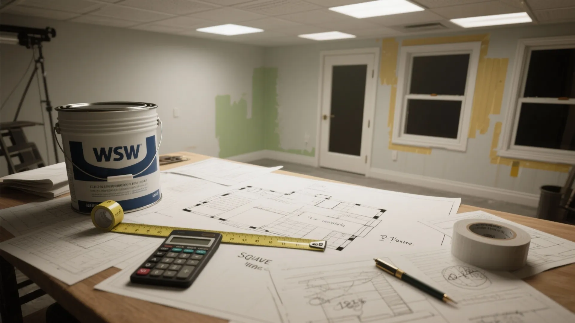 Interior design drawing with paint can and calculator on table in front of renovation room