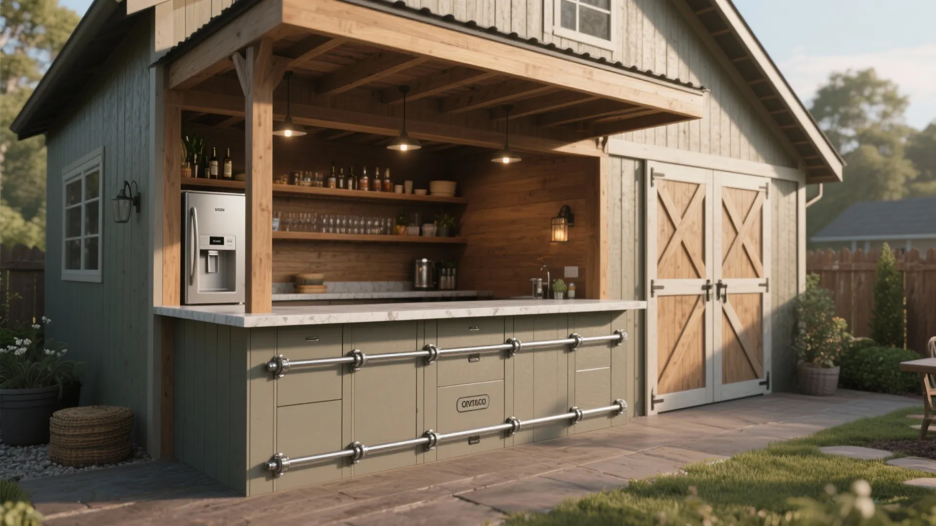 4. Covered bar with mini-fridge and sliding doors