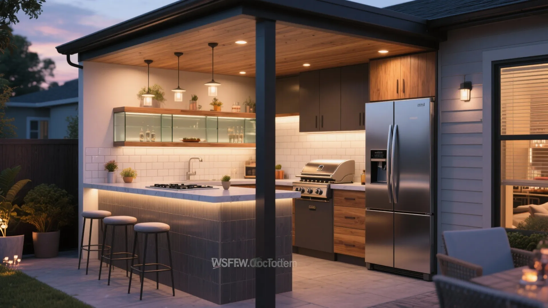 Modern outdoor bar with stone island three stools stainless steel fridge and warm hanging lights