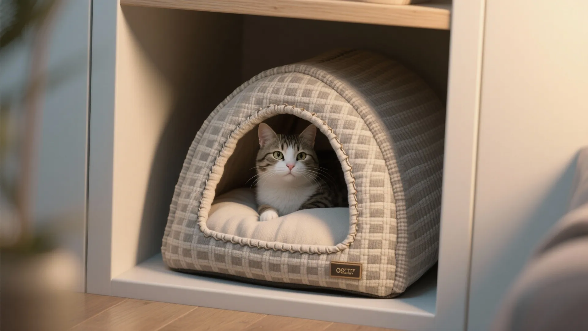 Close-up of a breathable covered cat bed with removable cushion and textured fabric in an alcove.