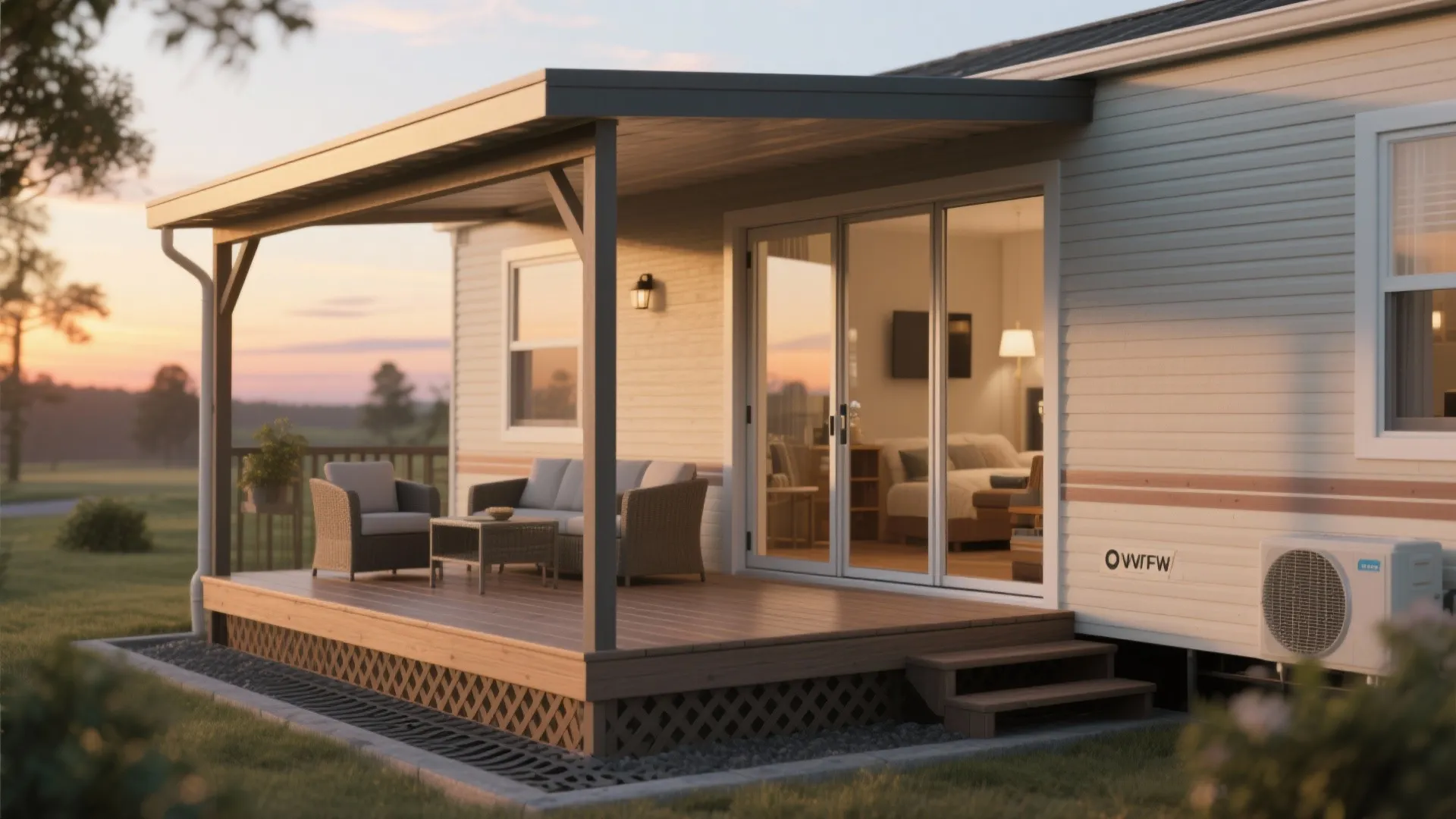 Covered deck attached to a mobile home showing sliding door transition and durable finishes