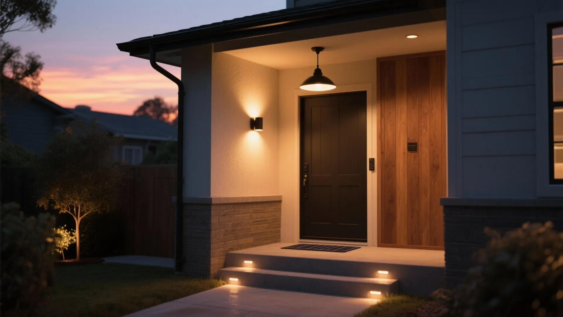 Modern house entrance at sunset with black front door ceiling light wall light and step lights