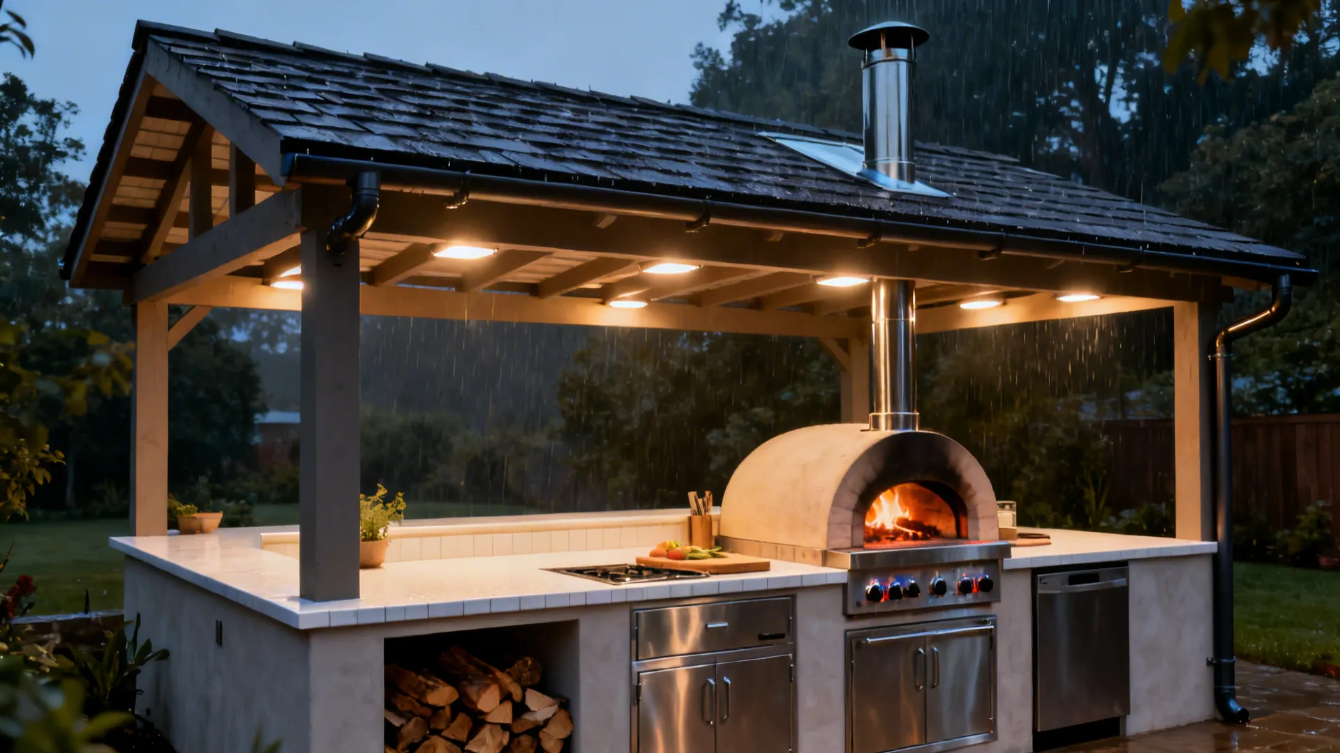 Covered outdoor kitchen with pizza oven and metal cabinets under roof with lights in rain