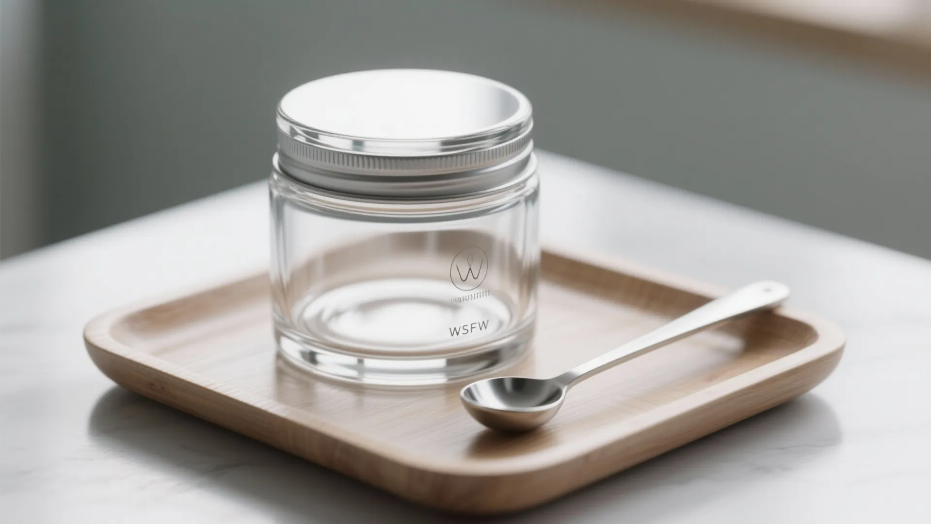 Empty clear glass storage jar with a silver metal lid on a small wooden tray