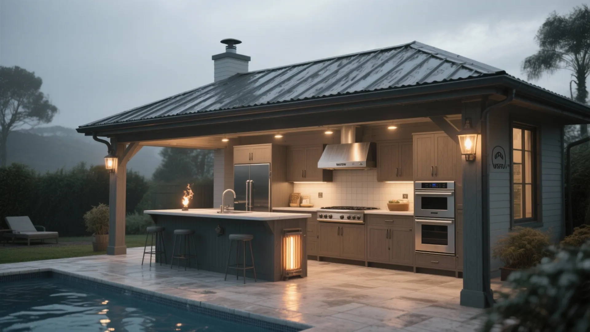 Modern outdoor kitchen under a roof with grey cabinets gas stove fridge and pool view