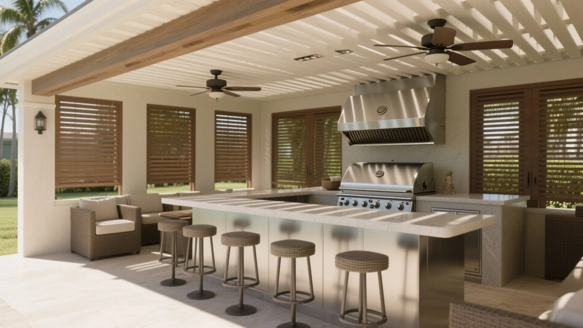 Covered barbecue lounge with stainless grill, slatted pergola, and ceiling fans in soft daylight