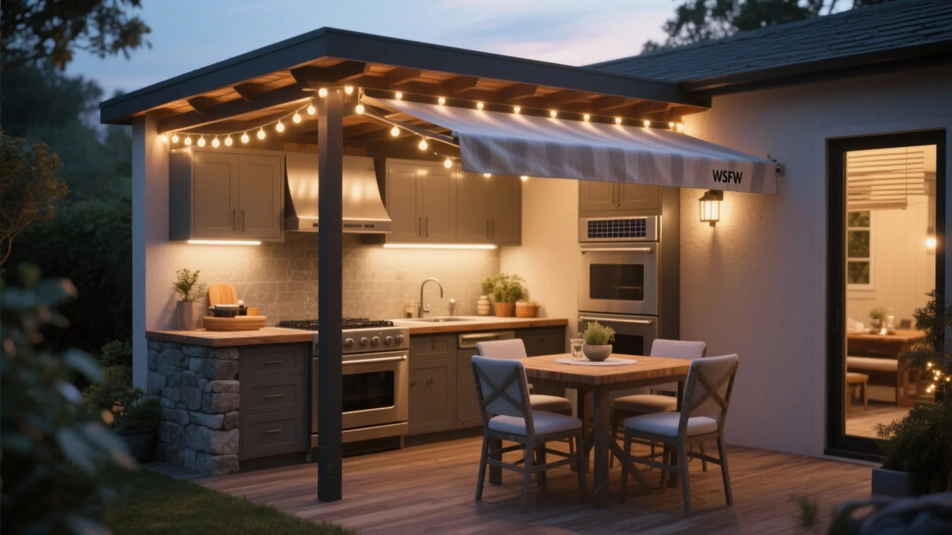 5. Covered mini kitchen with layered lighting