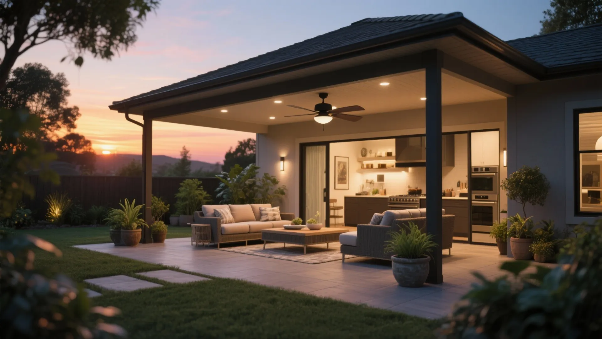 Outdoor patio with grey sofa coffee table ceiling fan and warm lights at sunset during evening