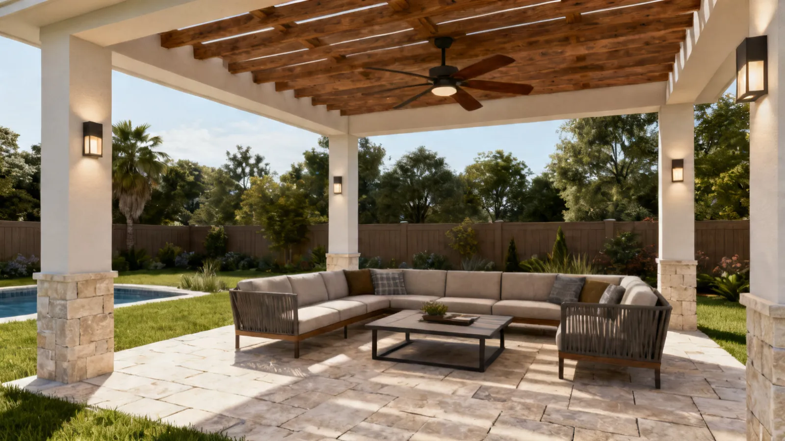 modern covered patio with outdoor ceiling fan installed above seating area