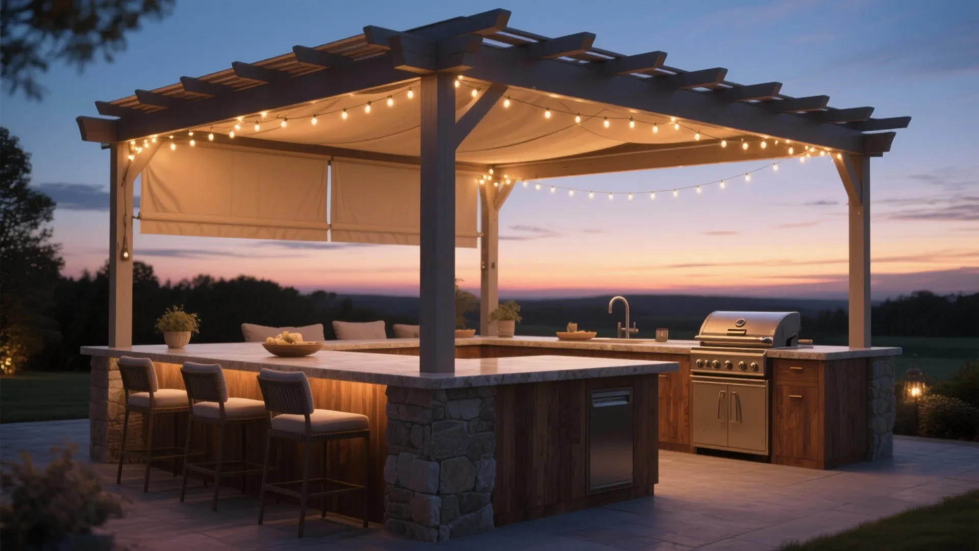 Outdoor kitchen under a wooden roof with string lights bar stools grill and sunset view