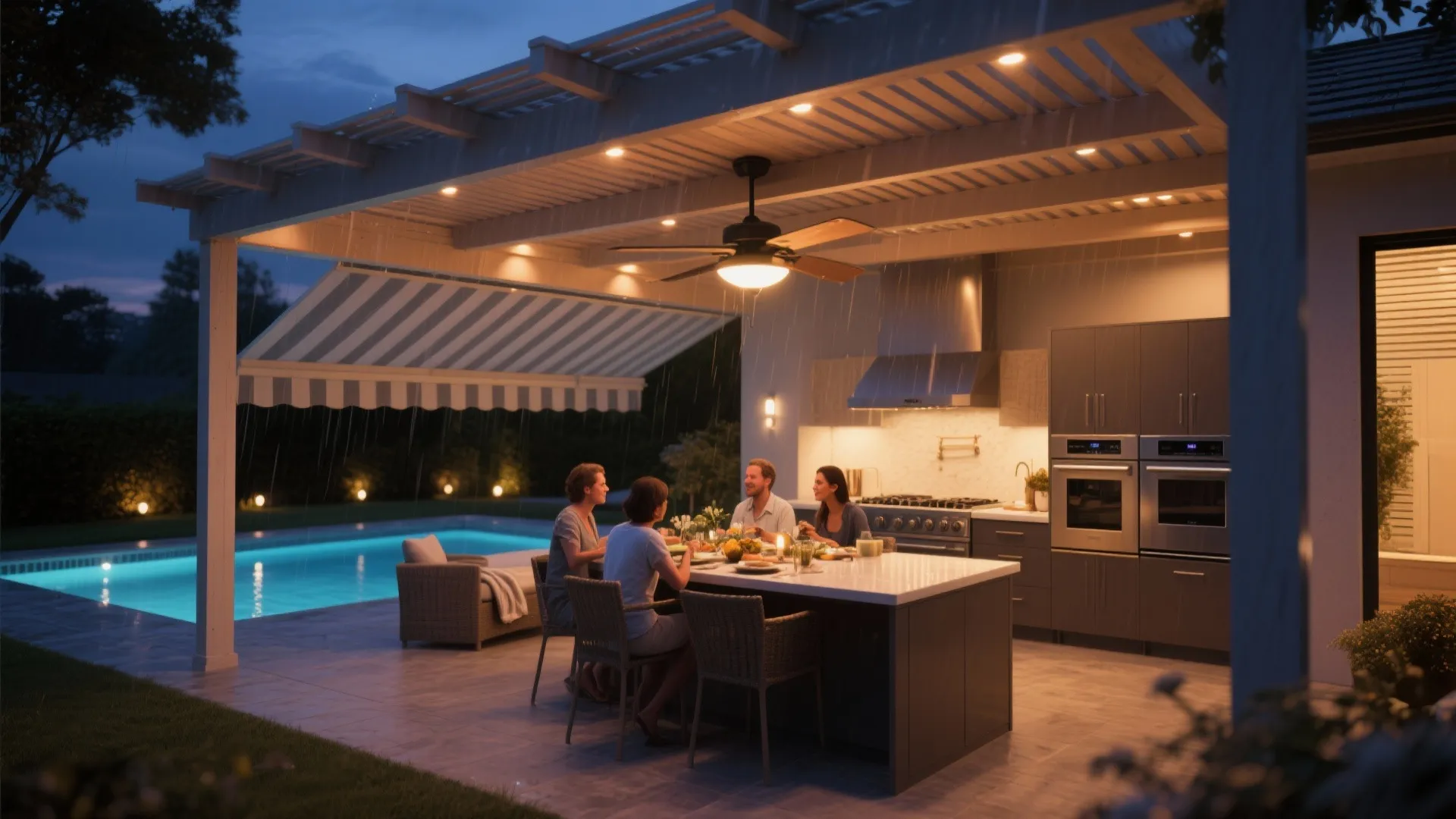 3. Covered Pergola with Weatherproof Appliances